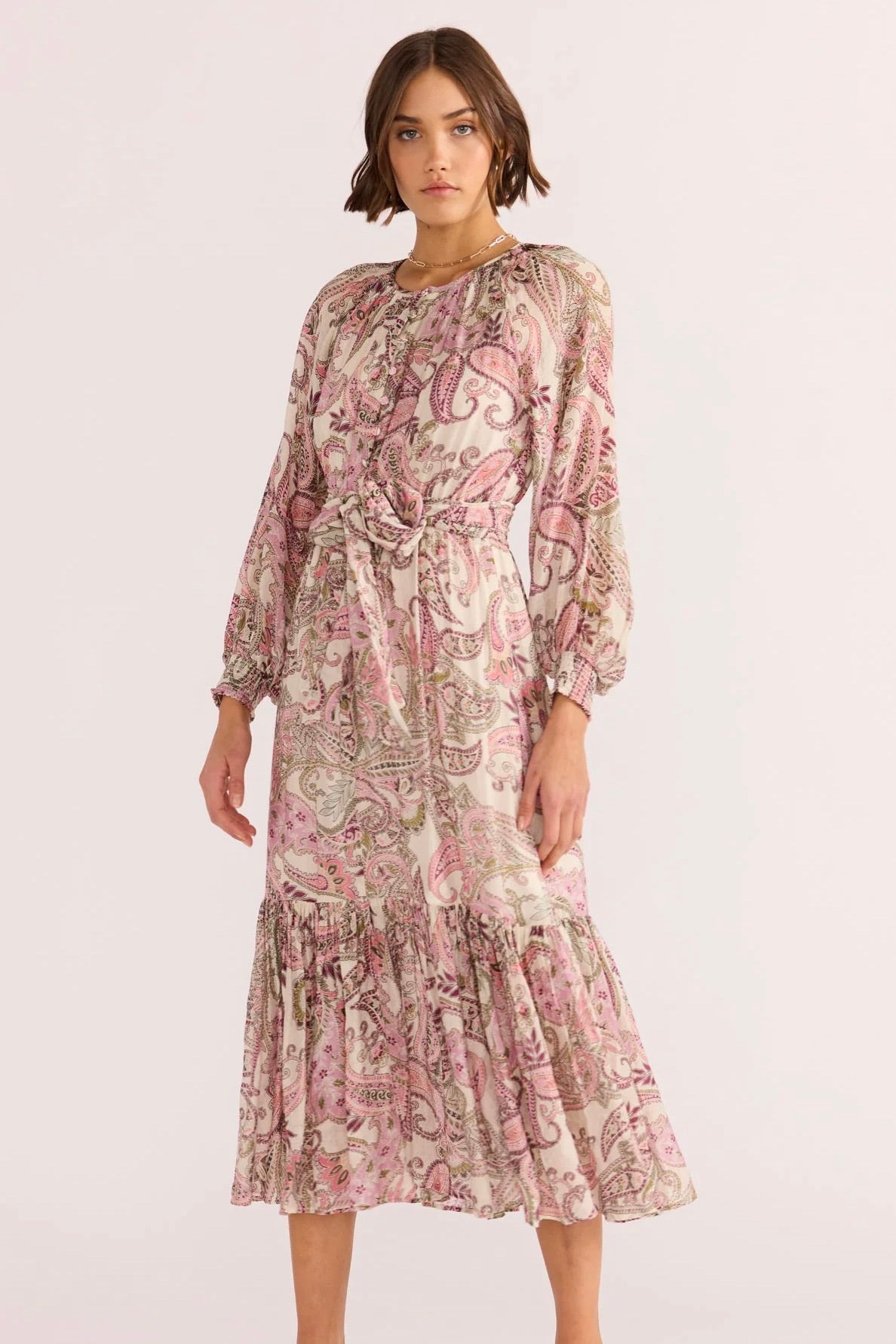 Cadence Pink Paisley Blouson Long Sleeve Midi Dress for Women | Floral Print Casual Party Wear | Perfect for Office, Wedding & Date Night Outfits