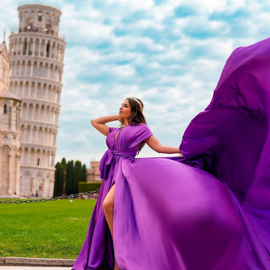 Infinity Dress - Long Flying Maxi Dress with Train for Women | Elegant Satin Photography Dress | Perfect for Baby Showers, Santorini Vacations & Photo Shoots | Flowy Formal Gown for Special Occasions