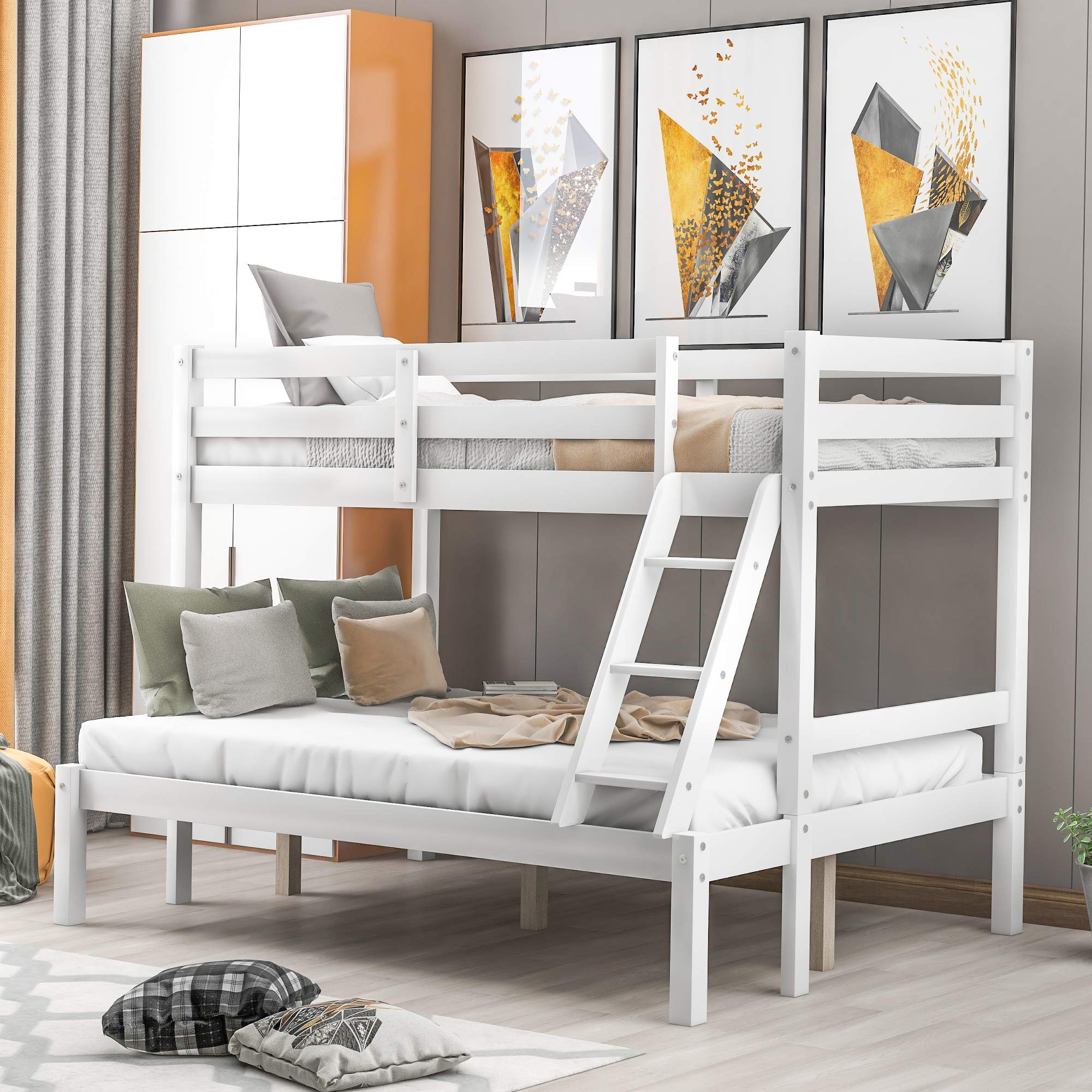 Solid Hardwood Twin Over Full Bunk Bed for Kids - Sturdy Wooden Bunk Bed with Ladder & Safety Rail - Perfect for Bedroom, Dorm, or Guest Room - White Finish for Modern Home Decor