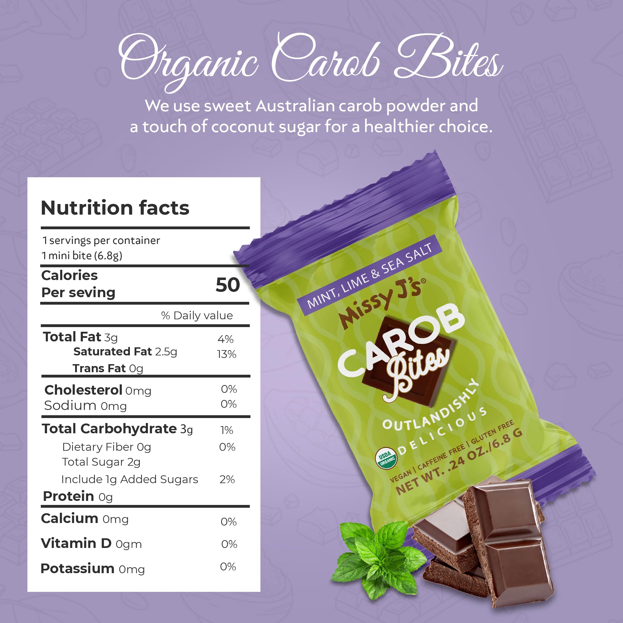 Missy J's Organic 24 Oz Minty Mint Carob Mini Bites 15 Pack | Vegan, Soy-Free, Gluten-Free Healthy Snacks | Perfect for Office Treats, School Lunches & Travel Snacking