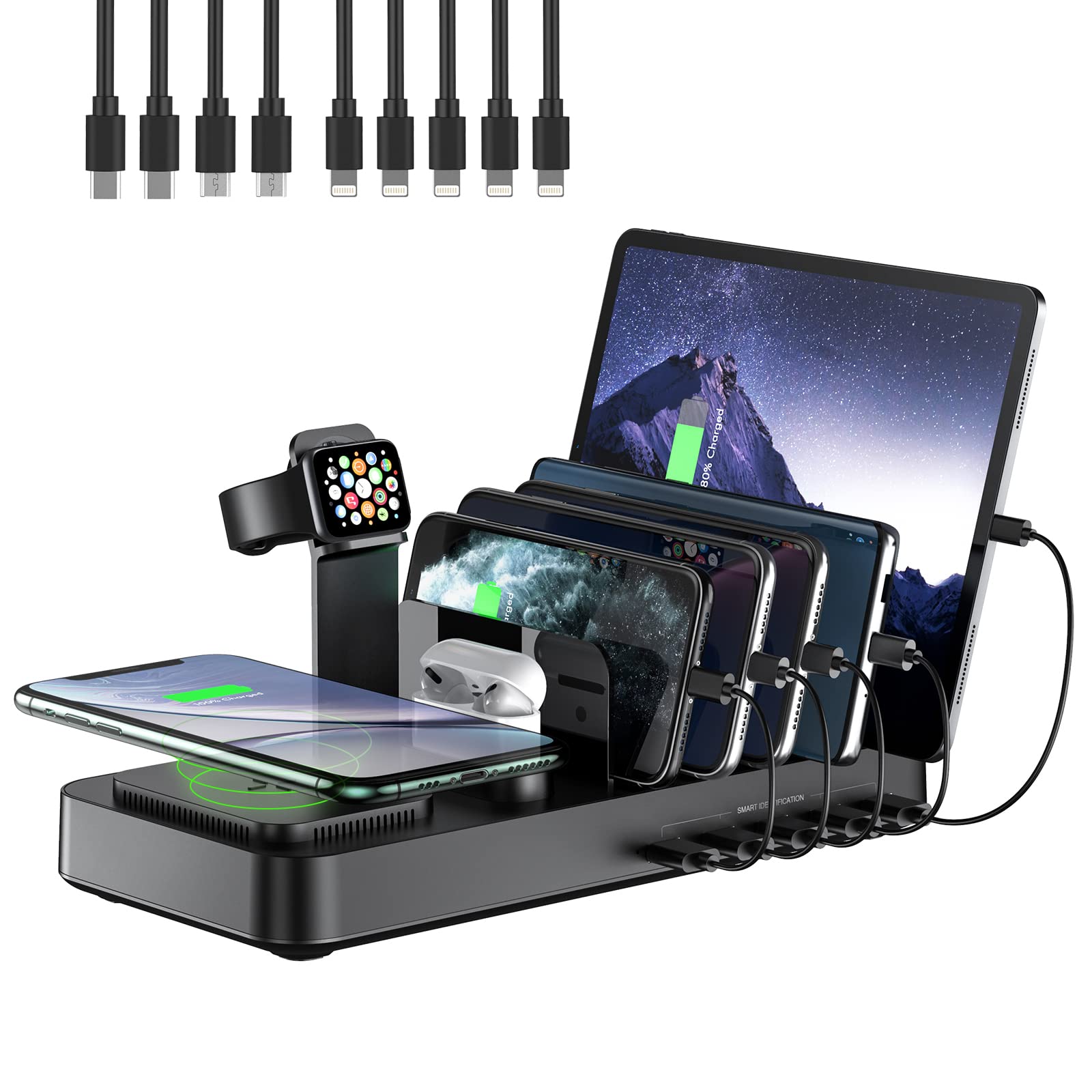 8-in-1 Wireless Charging Station for iPhone, Android, AirPods & iWatch - Fast 10W Charger with Cables for Home & Office Use
