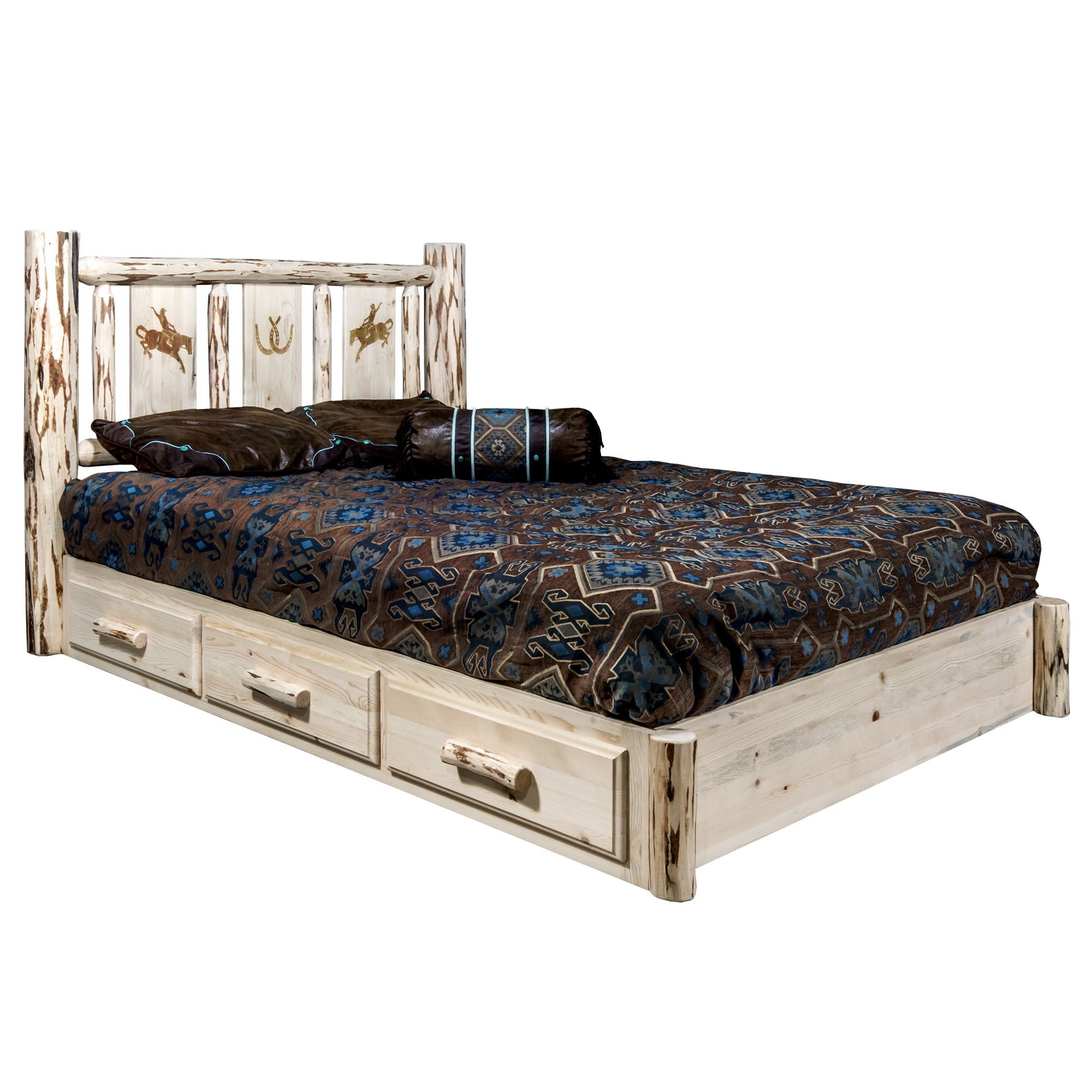 Montana Platform Bed with Storage - Laser Engraved Design & Clear Lacquer Finish | Modern Bedroom Furniture for Small Spaces & Apartment Living
