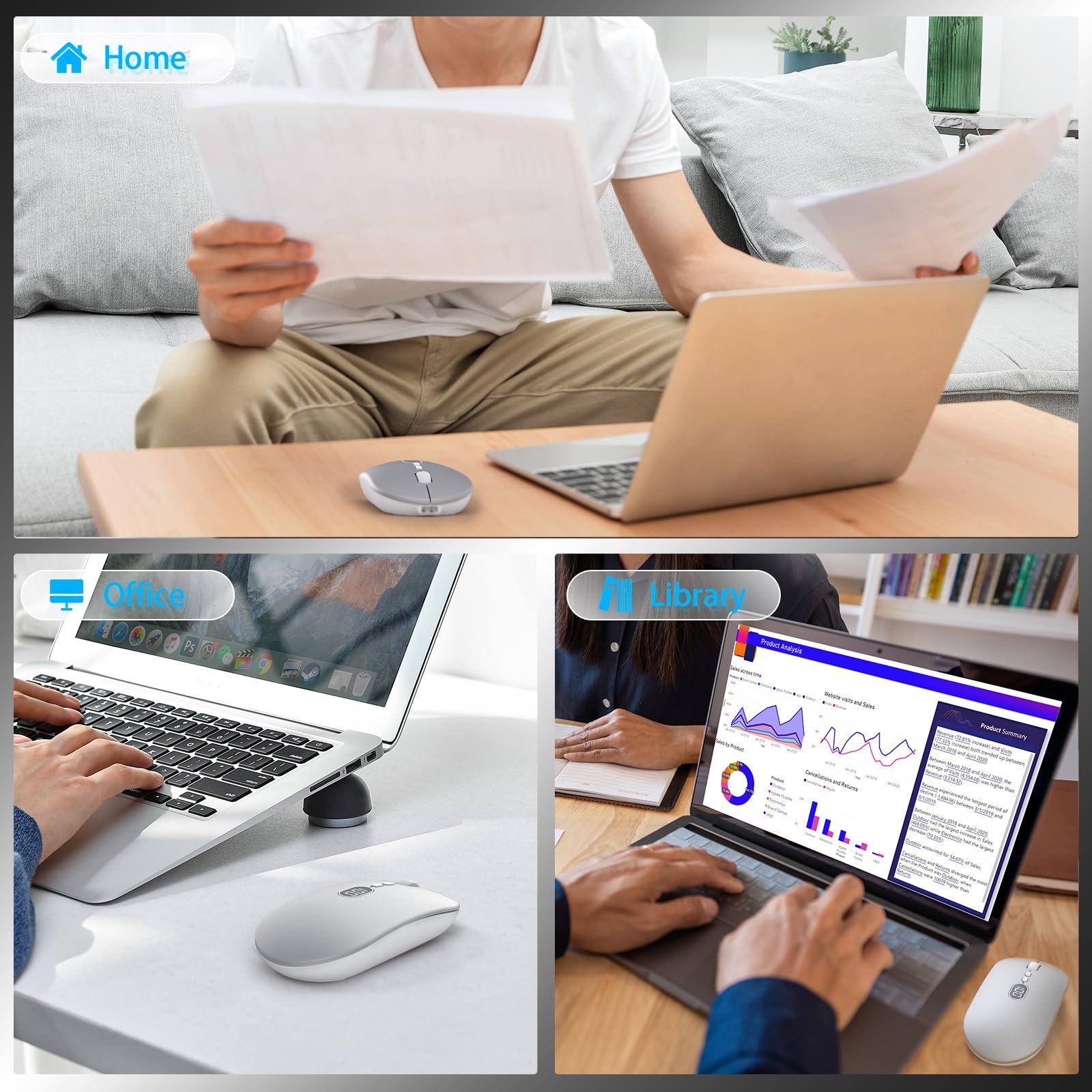 Wireless Computer Mouse - 2.4G Ultra Slim USB Silent Click Laptop Mouse with Battery Indicator, 1600 DPI for Windows Mac PC Office | Portable for Travel, Home & Work Use