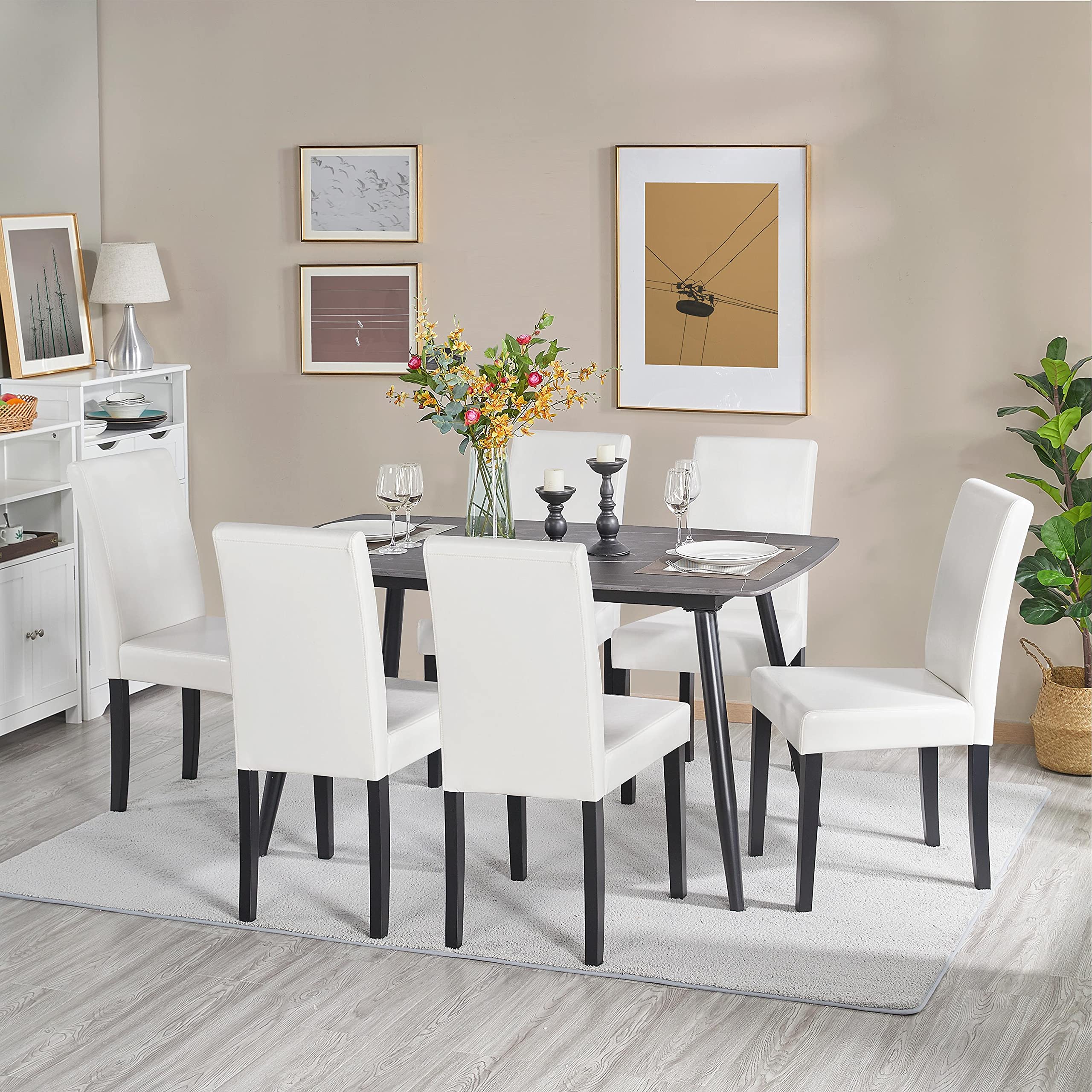 Yaheetech 4-Piece Dining Chair Set - Modern Faux Leather Upholstered Armless Side Chairs with Solid Wood Legs, White - Perfect for Kitchen, Living Room & Dining Room Decor