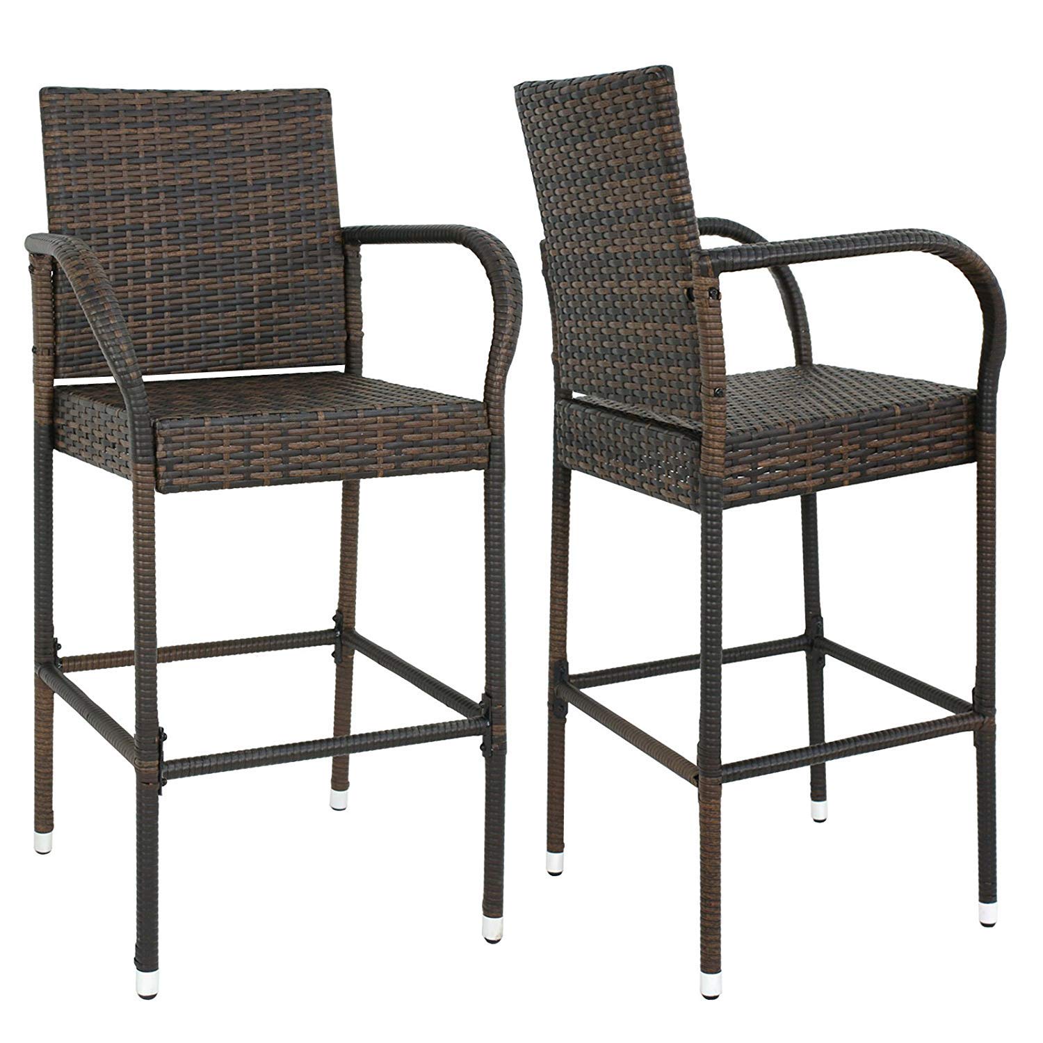 HomGarden Set of 4 Rattan Wicker Bar Stools - Outdoor Backyard Barstool Chairs with Armrests - Patio Furniture for Garden, Poolside & Deck Use