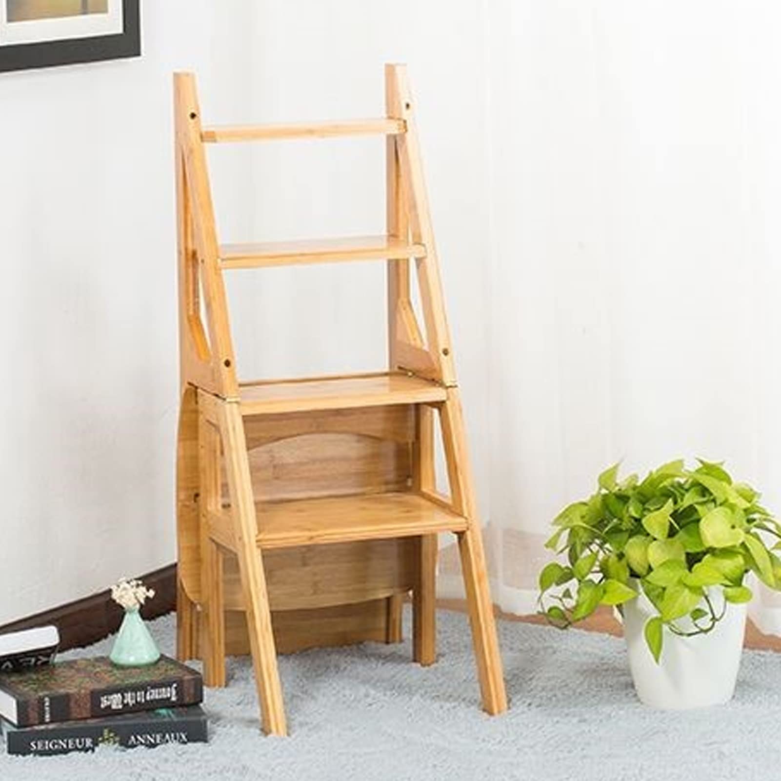 4-Step Folding Stool Ladder - Solid Wood Portable Step Stool for Home, Library & Loft - Multi-Functional Foldable Ladder Chair for Shelving, Storage & Climbing