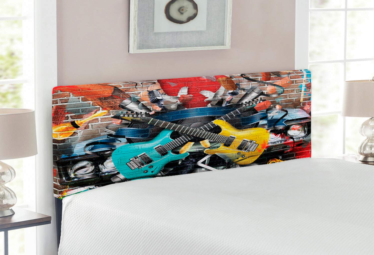 Ambesonne Music Headboard - Full Size Upholstered Metal Bed Frame with Memory Foam | Colorful Musical Instruments & Street Art Design | Perfect for Bedroom Decor, Music Lover's Room & Vintage Style Interiors