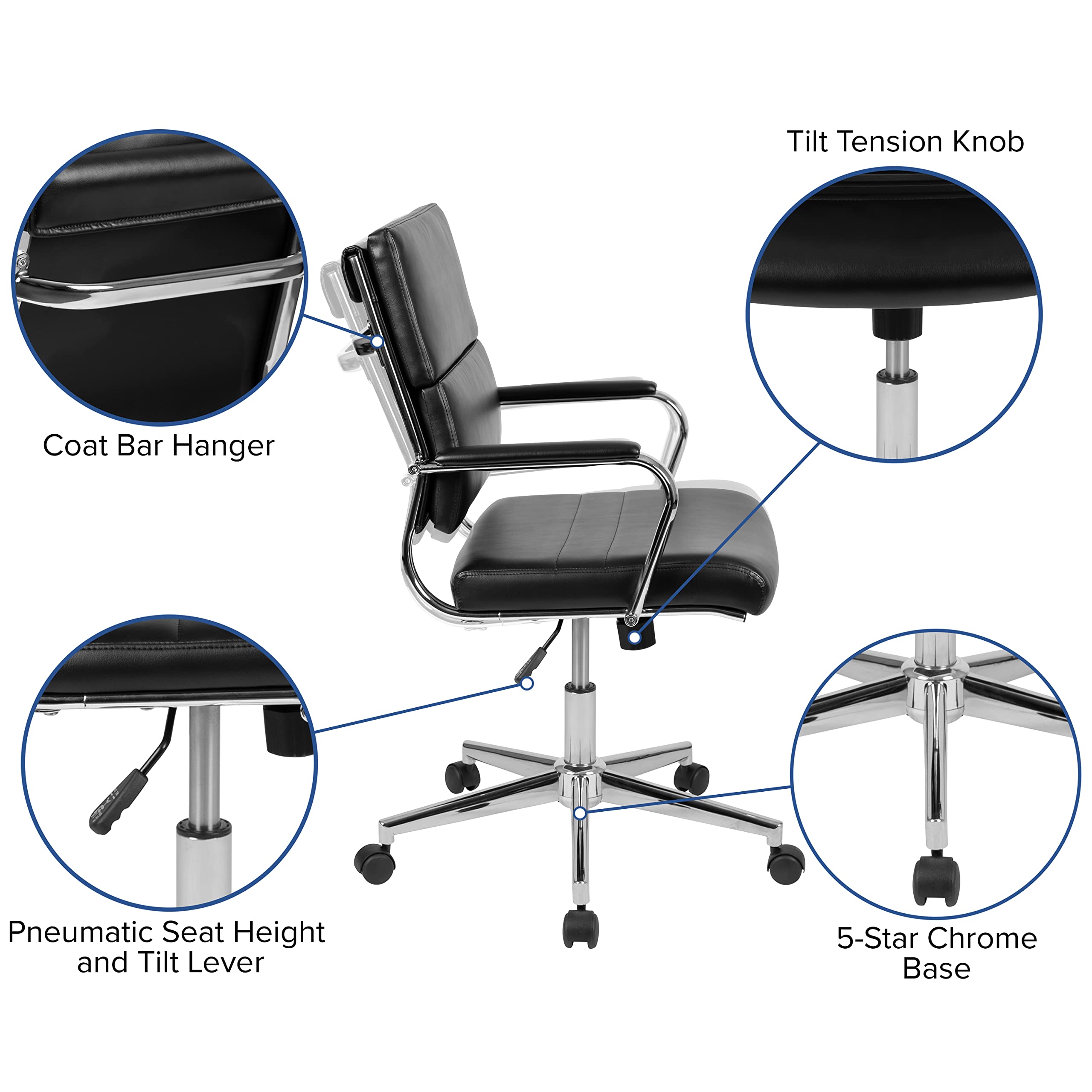 Merrick Lane McEntyre Mid-Back Ergonomic Office Chair - Faux Leather Executive Swivel Desk Chair with Adjustable Height & Padded Arms - Modern Panel Back Design for Home Office & Workspace Comfort