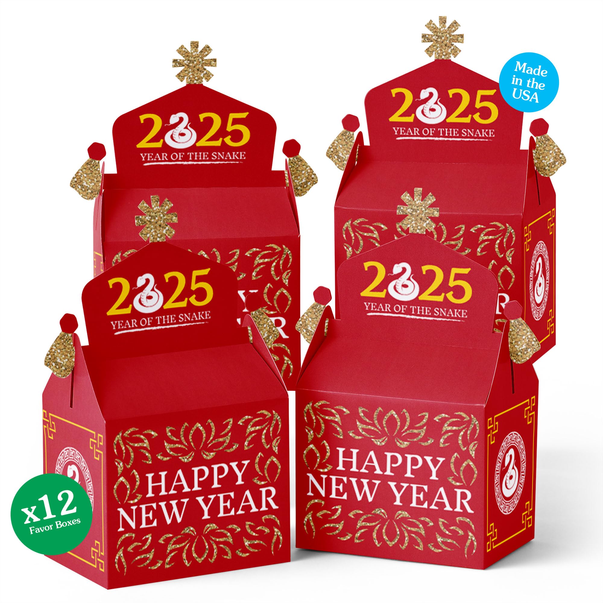Chinese New Year 2025 Year of the Snake Treat Box Party Favors - 12 Pack Goodie Gable Boxes for Lunar New Year Celebrations, Office Parties & Festive Gift Giving