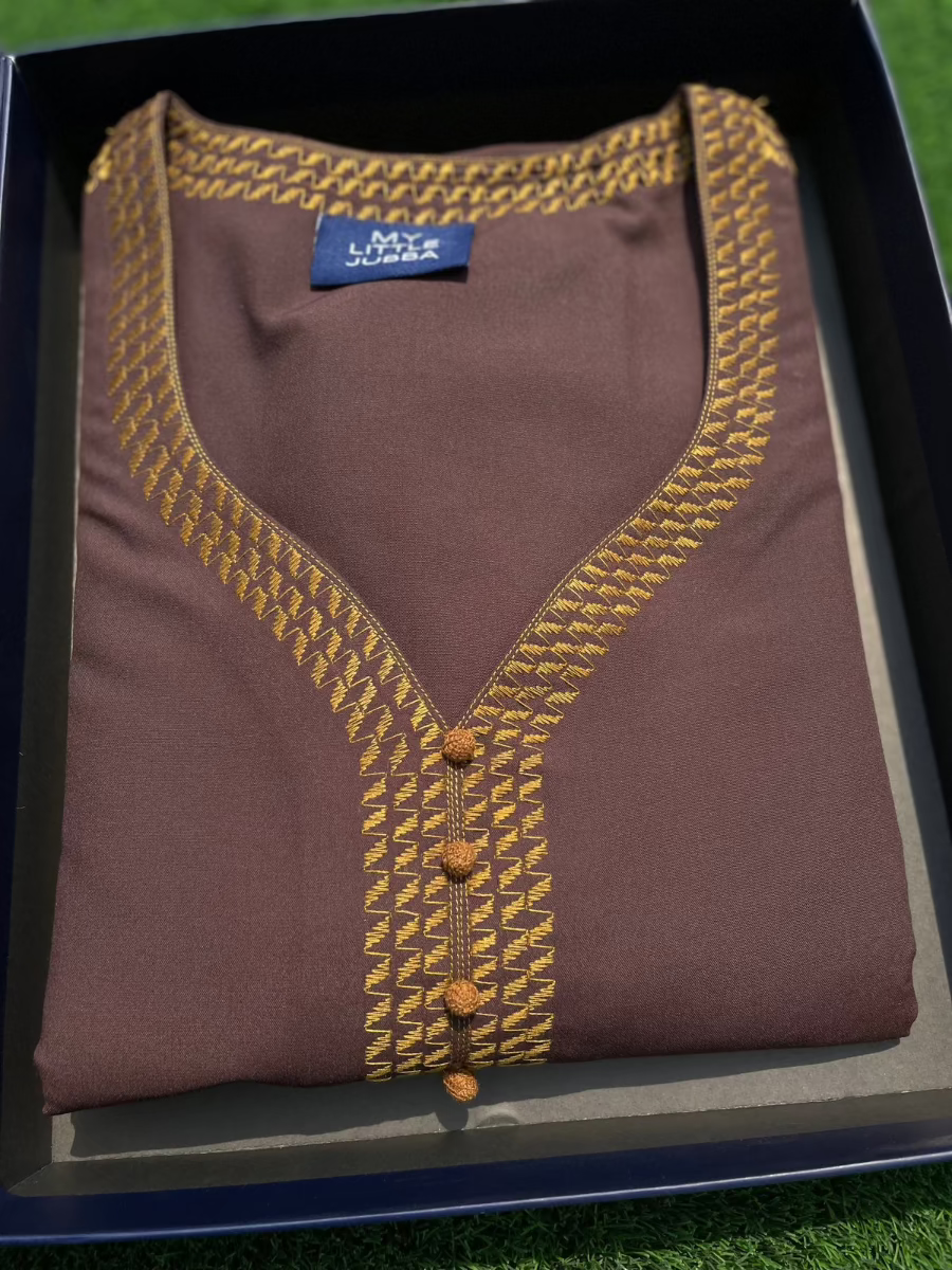 Men's Cinnamon Brown Mustard Embroidery Moroccan 3/4 Sleeve Thobe - Perfect for Eid, Ramadan & Special Occasions