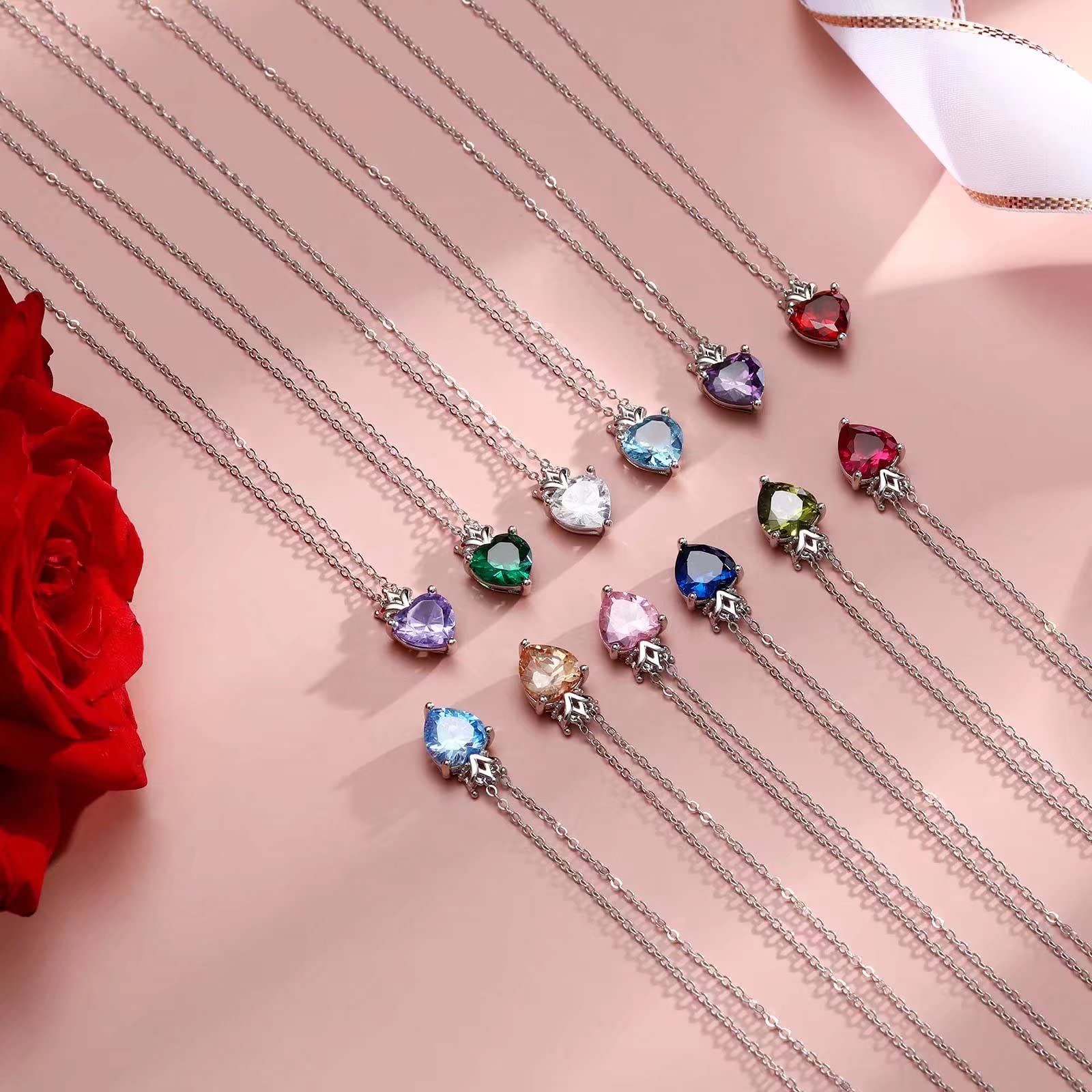 925 Sterling Silver Birthstone Heart Pendant Necklace with Crown & Cubic Zirconia - Elegant Princess Queen Jewelry for Women | Perfect Birthday Gift, Anniversary Present & Everyday Wear