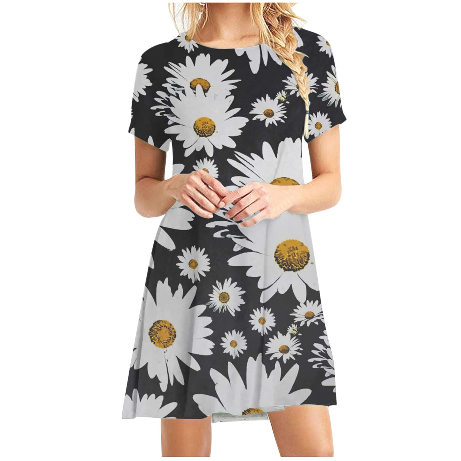 Jsarle Plus Size Cocktail Dress for Women - Summer Casual Boho Floral Mini Dress with Crewneck & Short Sleeve | Perfect for Beach Weddings, Guest Events & Summer Parties