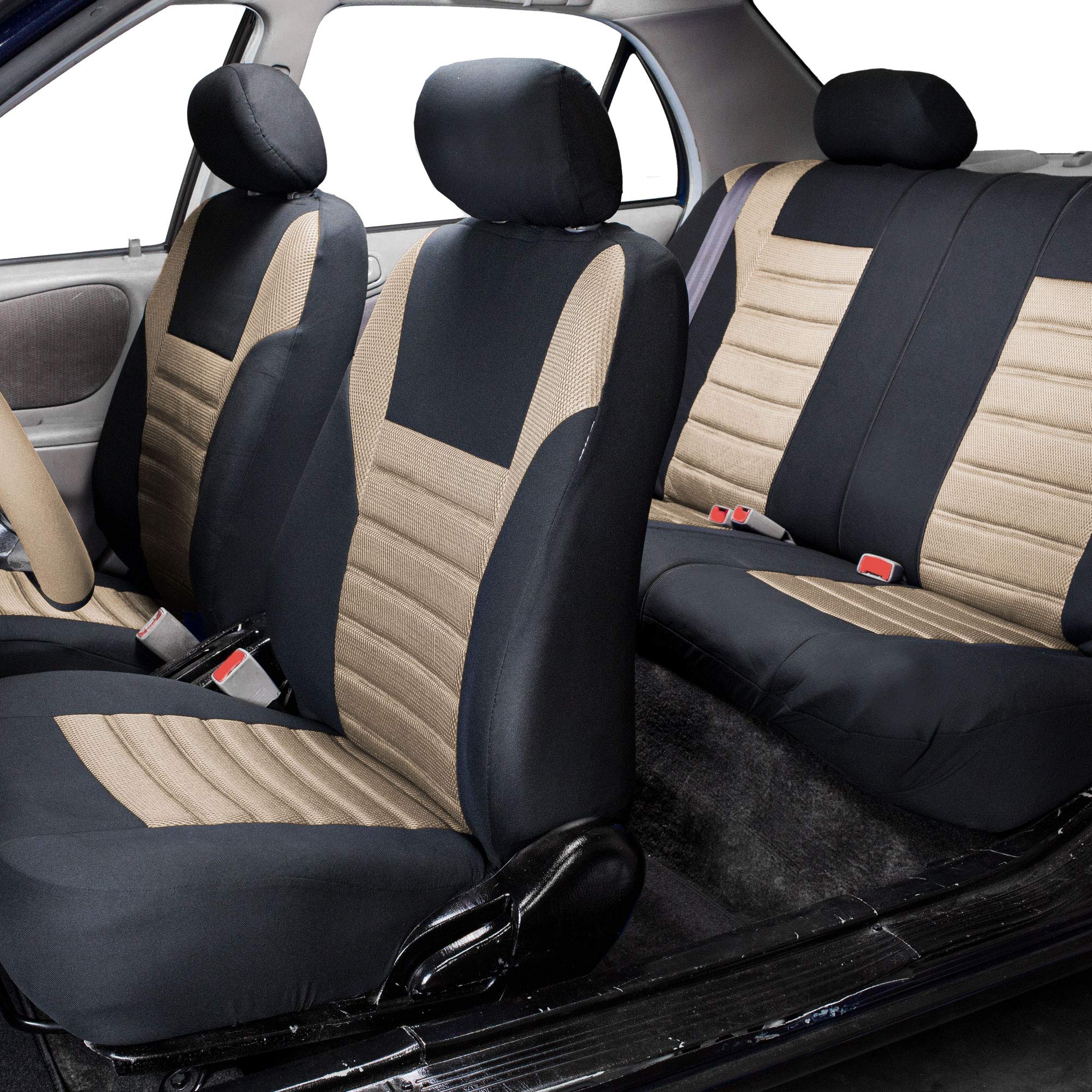 Premium 3D Air Mesh Car Seat Covers Full Set with Steering Wheel Cover & Seat Belt Pads - Universal Fit for Cars, Trucks & SUVs | Airbag Compatible | Beige Color | Enhanced Comfort & Breathability for Long Drives & Road Trips
