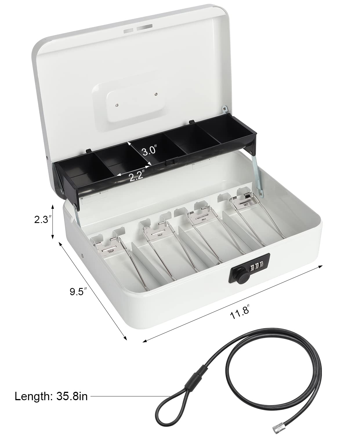 Secure Combination Lock Cash Box with Security Cable - 11.8 x 9.5 x 3.54 Inch Money Safe for Home, Office & Retail Use - White