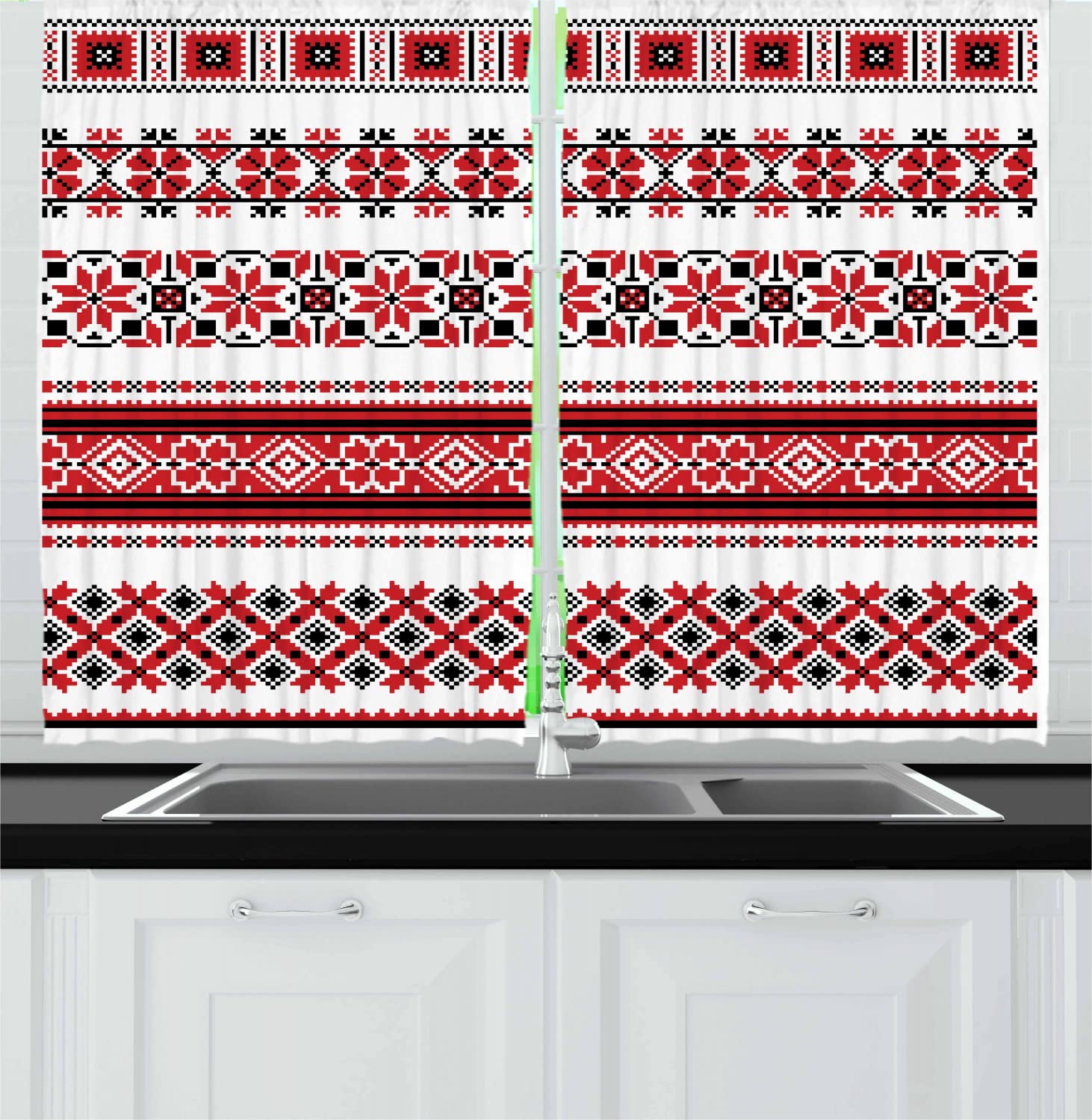Ambesonne Red Long Kitchen Curtains - Ukrainian Needlework Traditional Embroidery Drapes with Rod Pocket, 55
