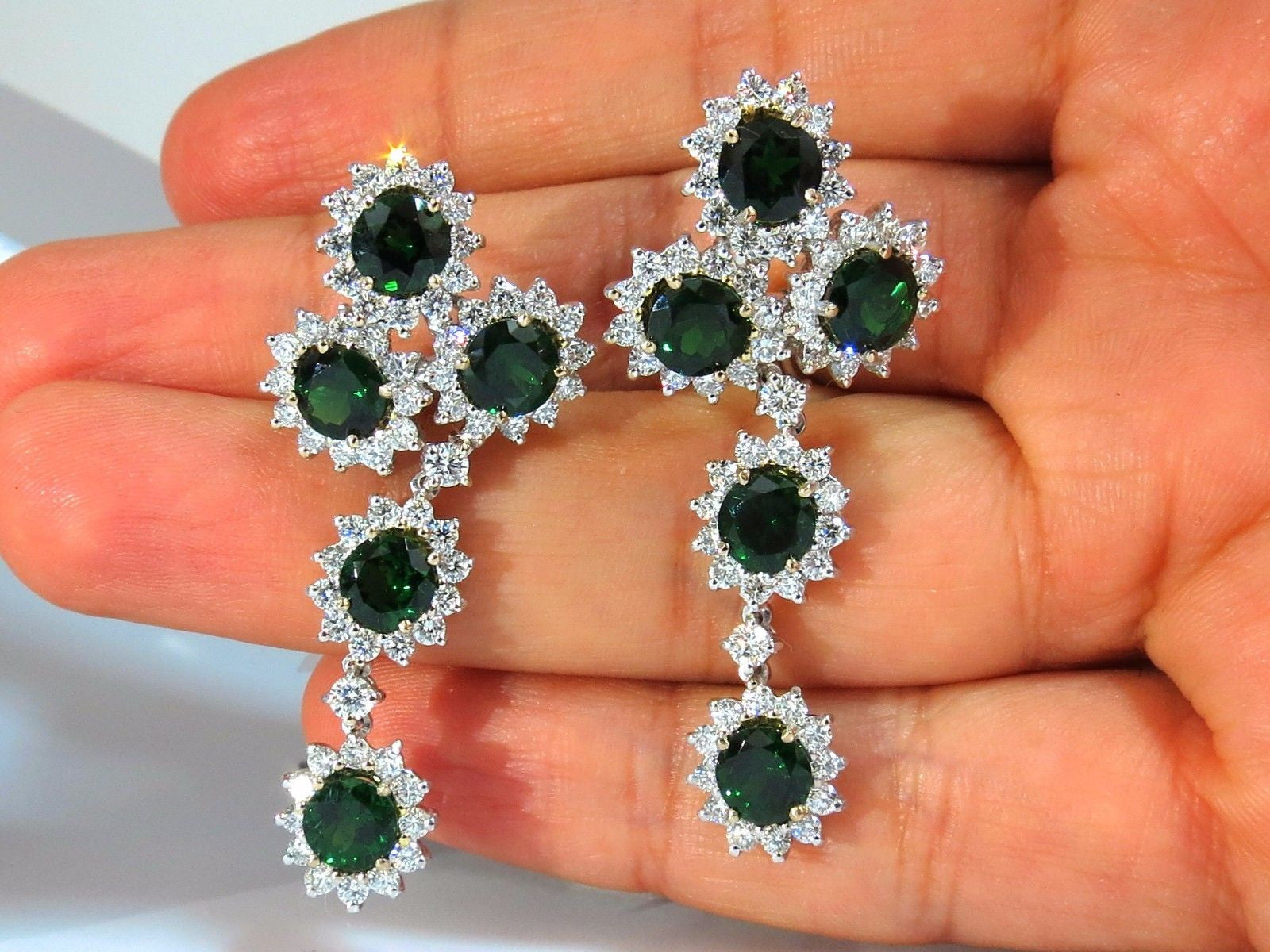 9.20ct Natural Vivid Green Tsavorite & 4.18ct Diamond Dangle Earrings in 18K Gold Cluster - Elegant Statement Jewelry for Weddings, Parties & Special Occasions