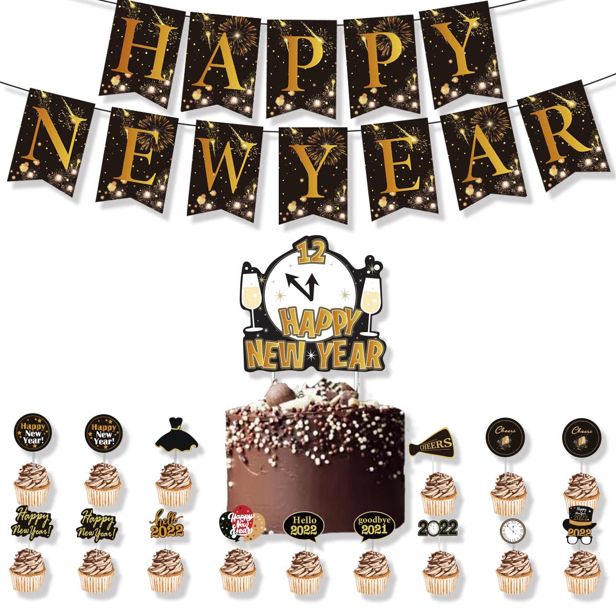 FCHAPPY 2022 Happy New Year Party Supplies Kit - NYE Decorations, Banner & Cake Topper Set for New Year's Eve Celebration - Perfect for Home, Office & Holiday Parties