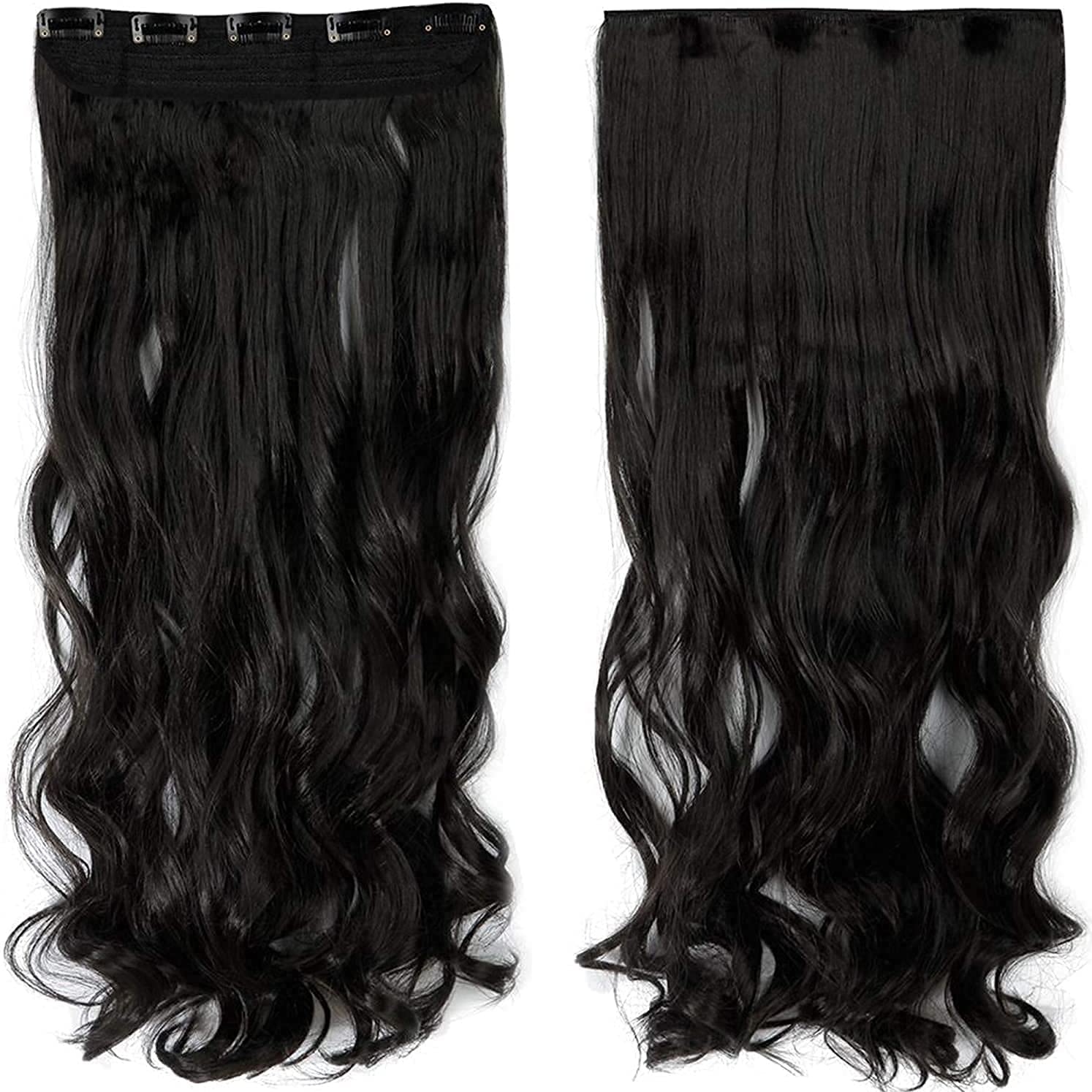 BeatStock 5 Clip-in Silky Soft Curly Wavy Hair Extensions - Black Synthetic Fiber for Volume & Styling - Perfect for Parties, Weddings & Everyday Glam