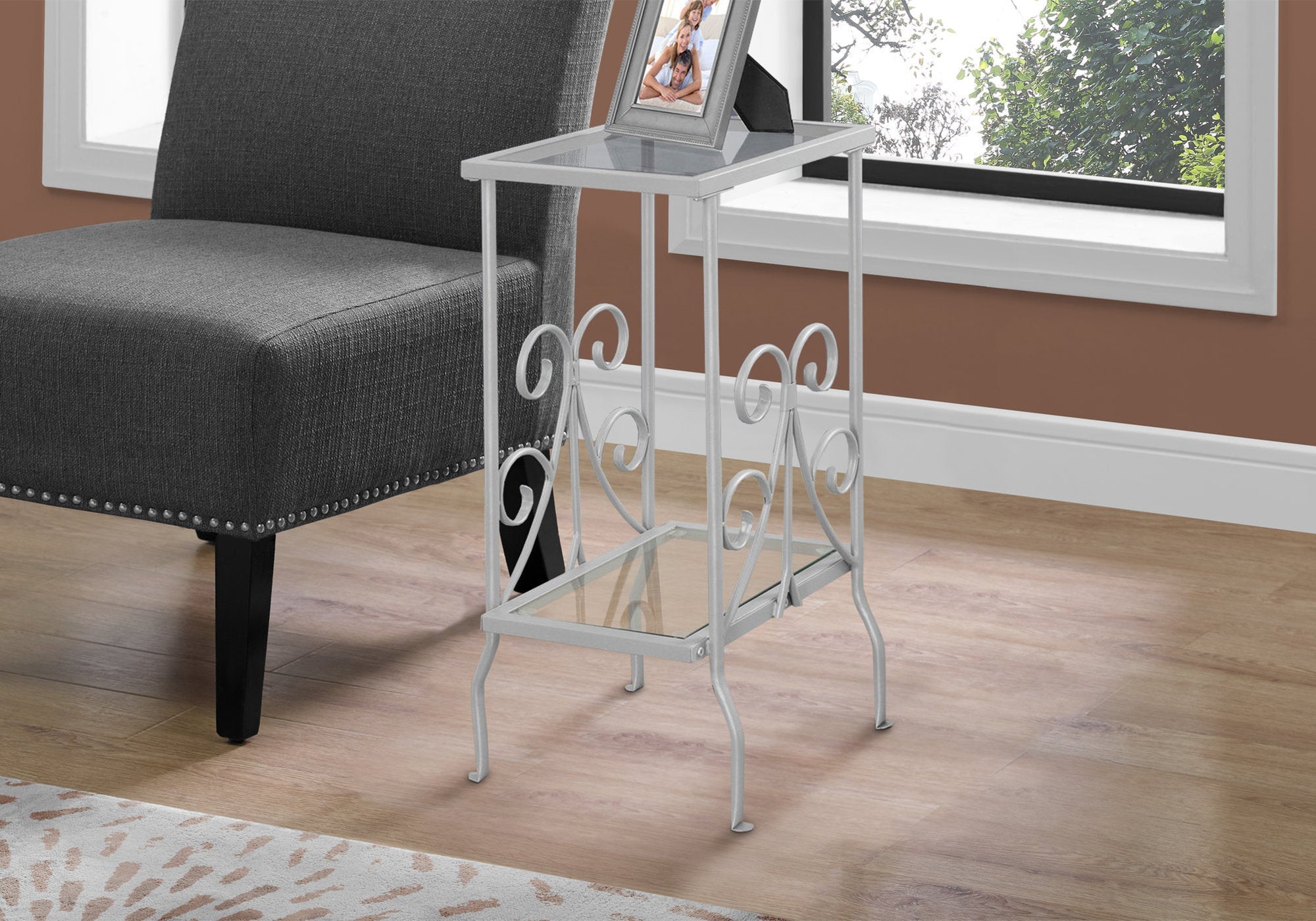 Modern Silver Metal Accent Table with Tempered Glass Top - 30 Inch Height - Perfect for Living Room, Bedroom, or Office Décor
