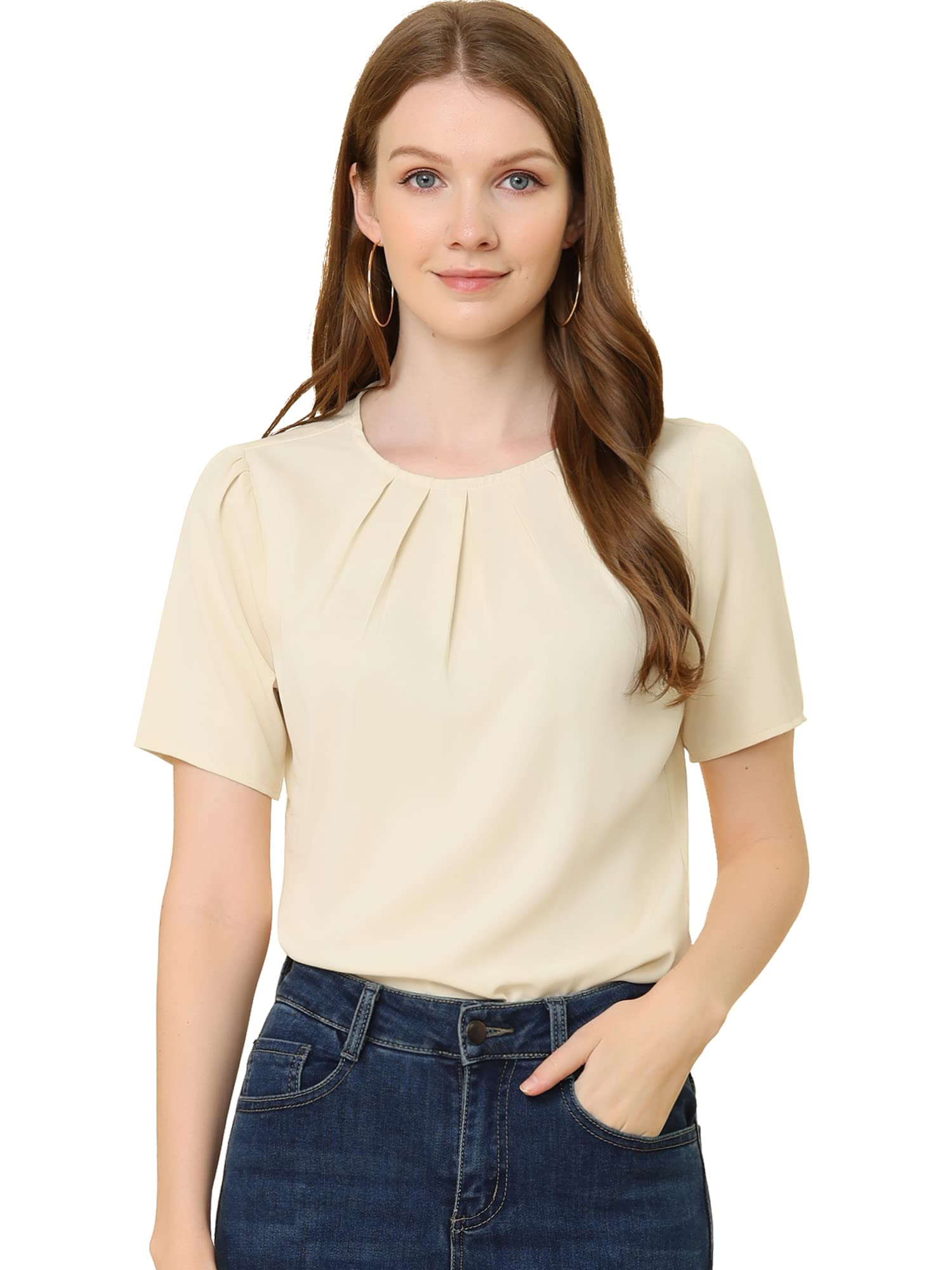 Allegra K Women's Short Sleeve Pleated Scoop Neck Blouse - Office Work & Casual Tops for Business, Date Night & Summer Outfits
