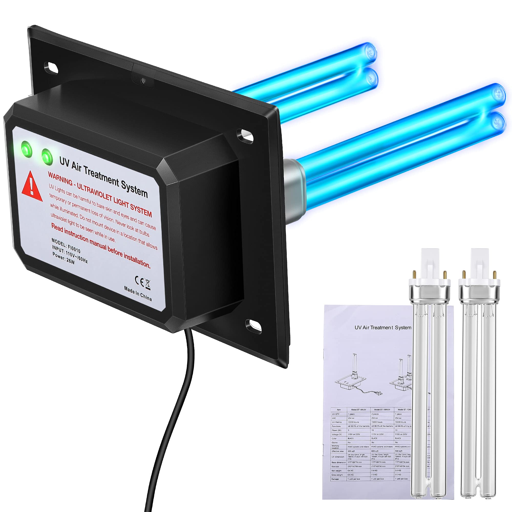 Kittmip 26W HVAC UV Light Sanitizer - Duct Mounted Germicidal Air Purifier with 253.7nm Wavelength - 110V UVC Lamp for Home & Office AC Systems (Includes 2 Replacement Bulbs) - Eliminate Mold, Bacteria & Viruses in Air Ducts & Improve Indoor Air Quality