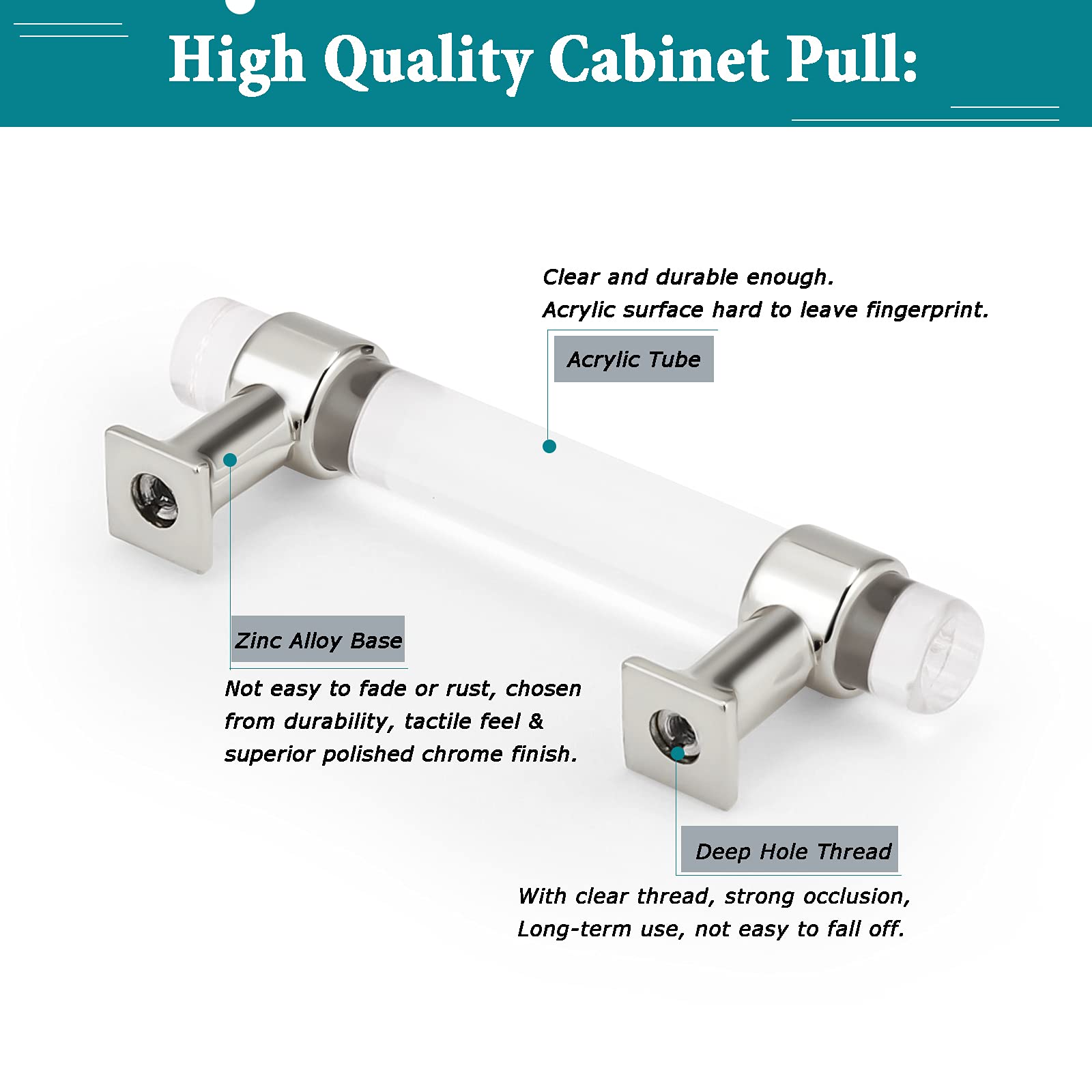 50 Pack Brushed Silver Chrome Cabinet Handles - Modern 3 Inch (76mm) Hole Center Drawer Pulls for Kitchen Cabinets, Dressers & Cupboards | Durable Acrylic Hardware for Home & Office Organization