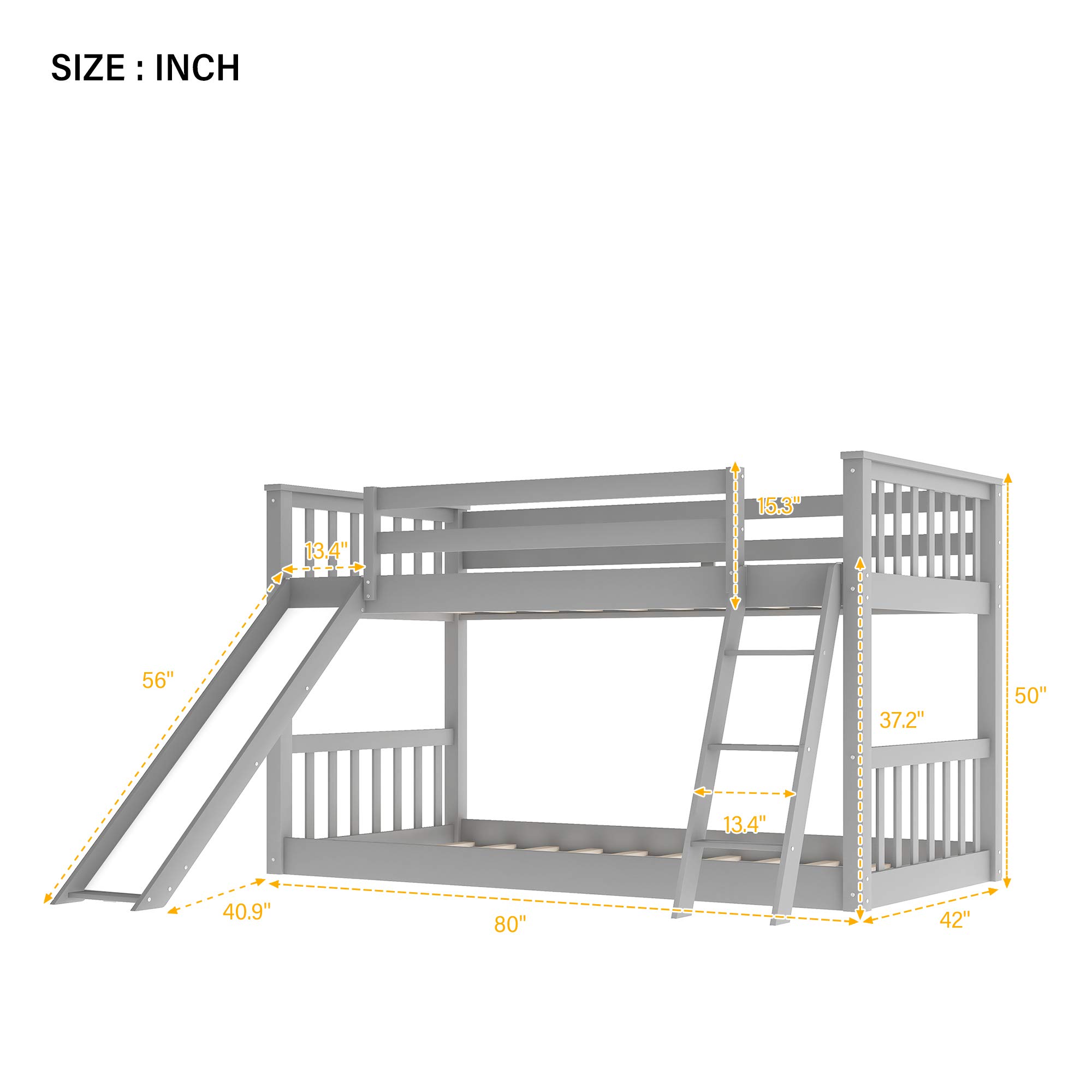 Twin Over Twin Bunk Bed with Slide & Ladder - Solid Wood Loft Bed for Kids, No Box Spring Needed (Gray) | Space-Saving Kids Bedroom Furniture for Small Rooms & Shared Sibling Spaces