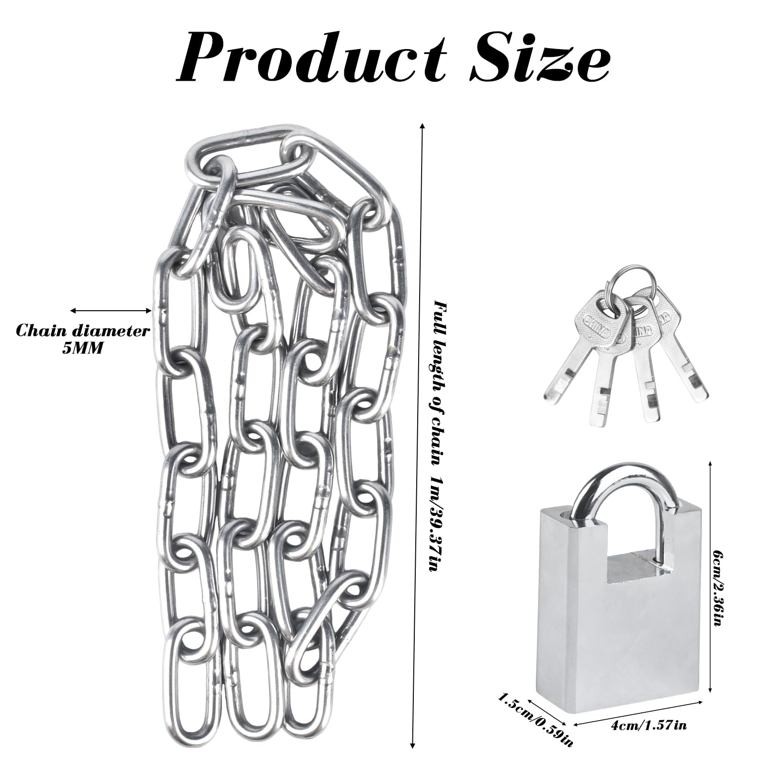 40 Inch 1 Meter Heavy Duty Bicycle Chain Lock - High Security Stainless Steel Motorcycle Lock with Anti-Cut Padlock & 2 Keys - Theft Proof for Bikes, Scooters, Garage Doors, Fences & Outdoor Security