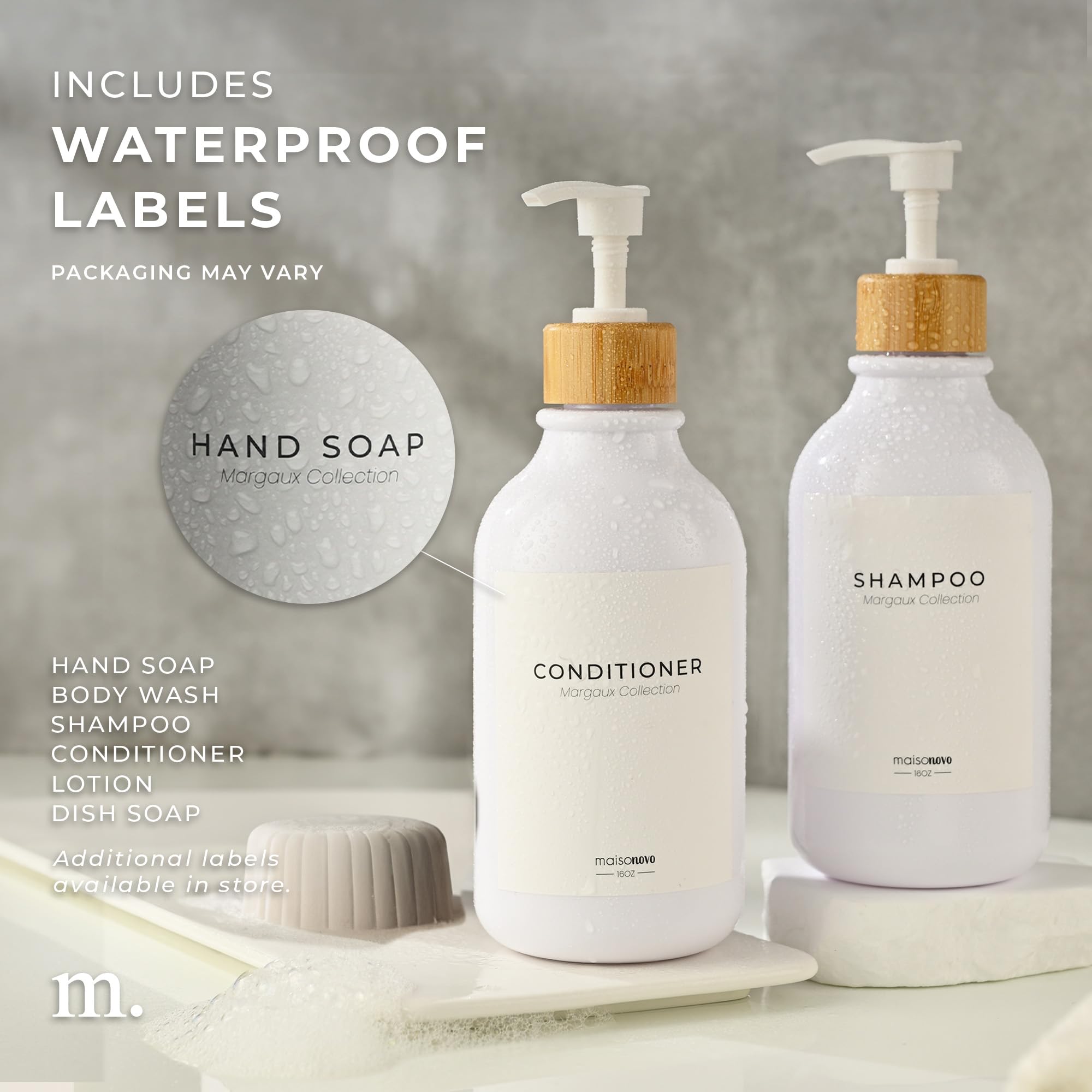 MaisoNovo 3-Piece Soap Dispenser Set - 16.9oz White Bottles with Bamboo Pumps for Kitchen, Bathroom & Vanity - Elegant Liquid Soap Dispenser for Hand Wash, Dish Soap & Lotion