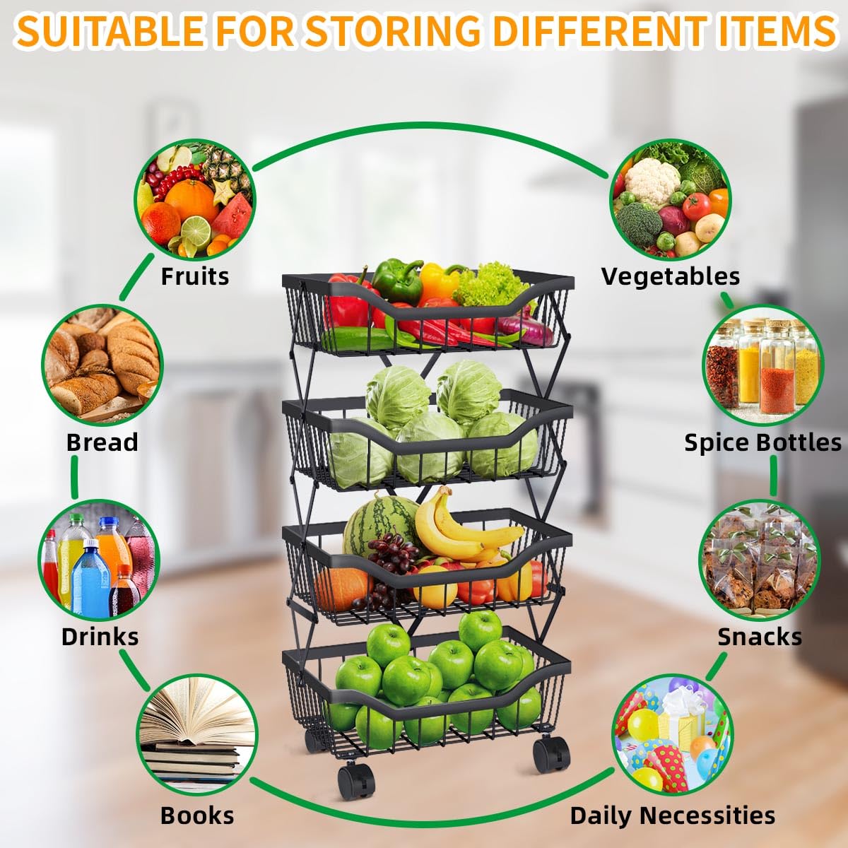 4-Tier Stackable Metal Wire Fruit & Vegetable Storage Basket with Wheels - Kitchen, Living Room, Dining Room, Office Organizer Cart (Black) | Perfect for Fresh Produce Display & Space-Saving Storage
