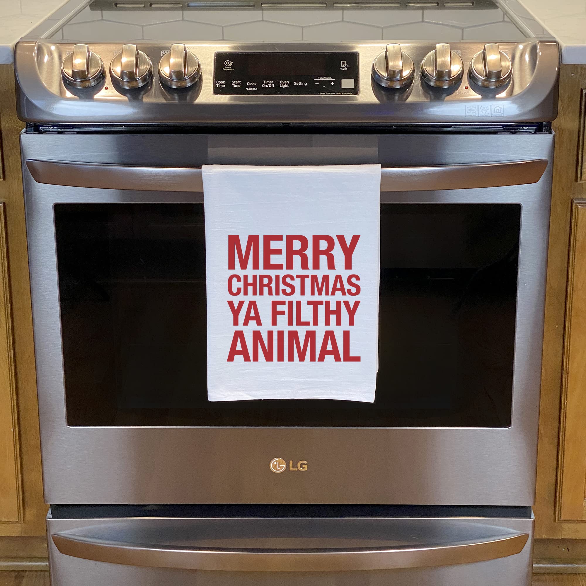 Christmas Kitchen Towel - Funny Holiday Dish Towel with 'Merry Christmas Ya Filthy Animal' Print - White Cotton Tea Towel for Holiday Decor, Gift Giving & Festive Kitchen Use