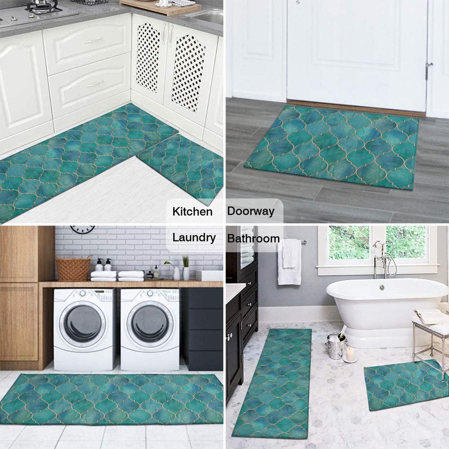 Non-Slip Washable Teal Kitchen Rugs Set of 2 - Soft Turquoise Decor Floor Mats for Kitchen, Dining Room & Entryway - Anti-Skid Bathroom Rug Pads with Non-Slip Backing (2-Piece Set)