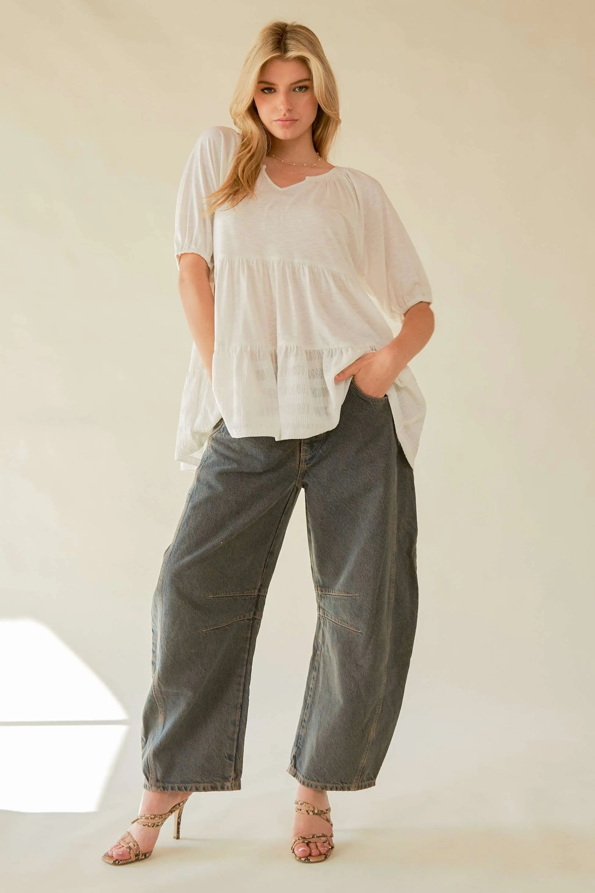 Boho White Ruffled Flare V-Neck Blouse for Women - Beachy Summer Top for Vacation, Date Night & Casual Outings