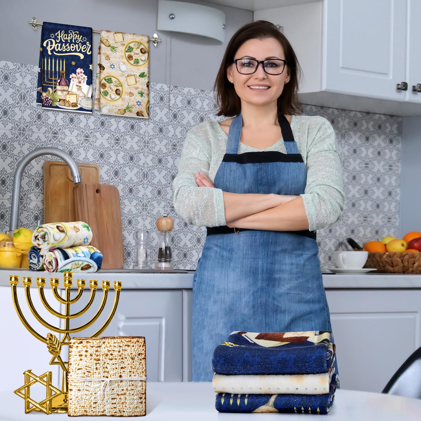 6-Pack Passover Kitchen Towels 14.2x21.3 Inch - Star of David Jewish Holiday Dish Towels for Seder Plate & Party Decor - Kosher Cotton Passover Gift for Jewish Holidays, Home & Festival Celebrations