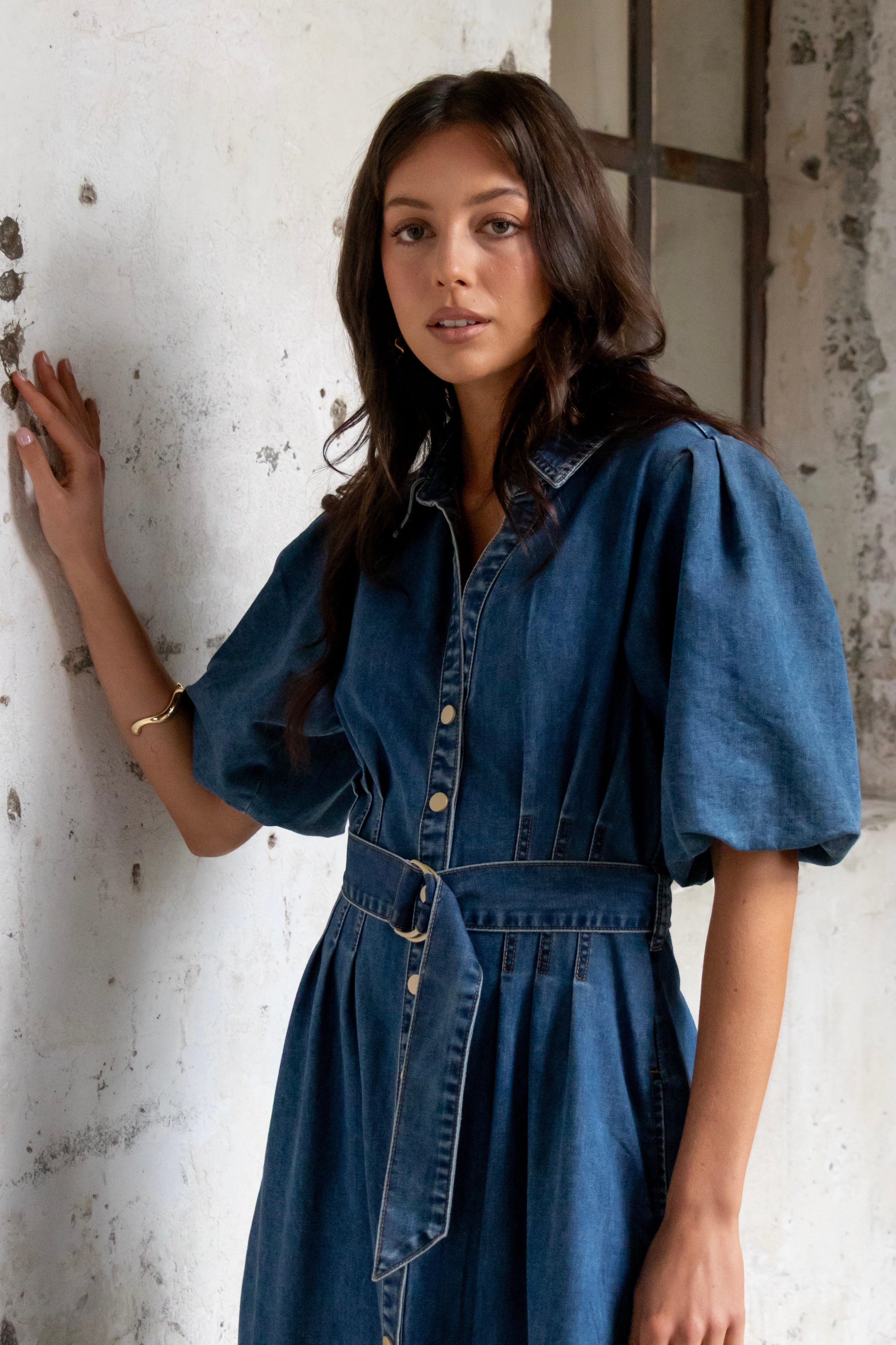 Dusk Storm Blue Denim Puff Sleeve Maxi Shirt Dress for Women | Casual Boho Chic Long Sleeve Button Down Dress | Perfect for Beach, Date Night & Summer Outfits