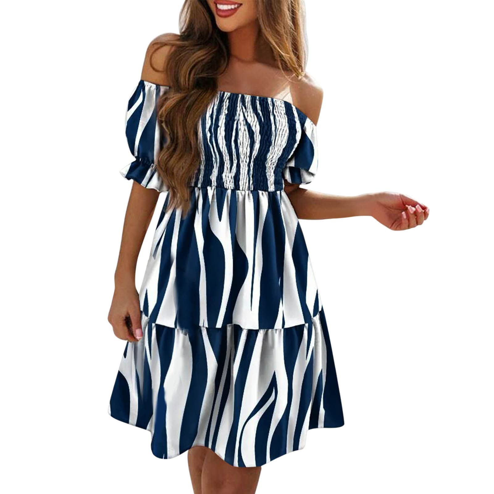 Women's Flowy Off-Shoulder Short Sleeve Dress with Ruffle & Smocked Detail - Floral Print Summer Dress for Date Night, Beach Vacation & Spring Weddings