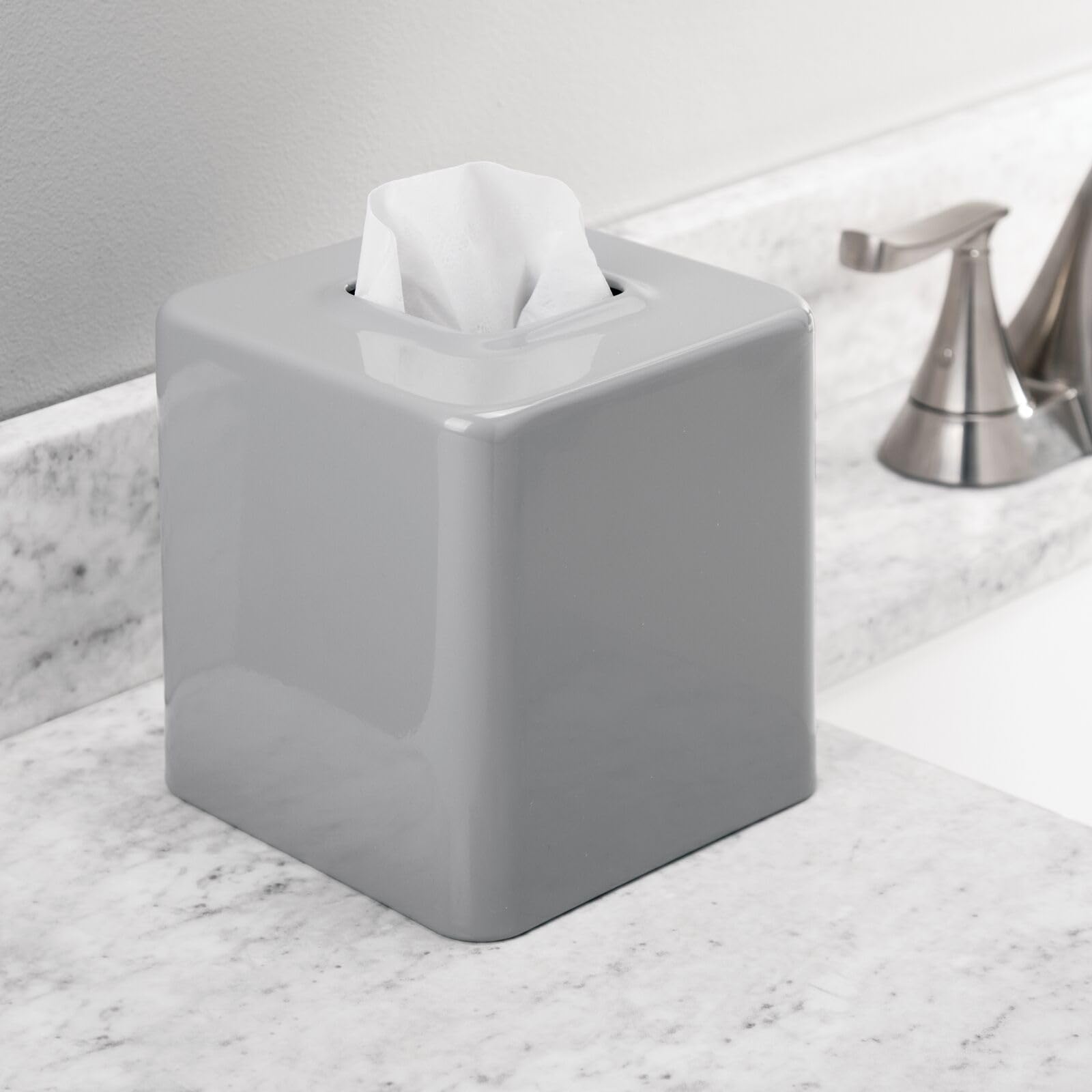 Modern Gray Metal Square Tissue Box Cover - Stylish Facial Tissue Holder for Bathroom Vanity, Bedroom Dresser, Nightstand, Desk & Office Decor - Unity Collection - Perfect for Home & Office Organization