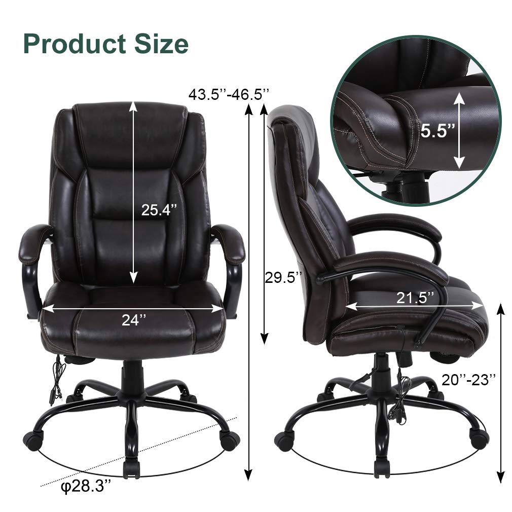 Big and Tall Office Chair 500lb Capacity - Extra Wide Seat Ergonomic Computer Chair with Massage, Adjustable Headrest & Lumbar Support - Heavy Duty PU Leather Executive Desk Chair for Women & Men - Perfect for Home Office, Gaming, and Long Work Sessions (Brown)