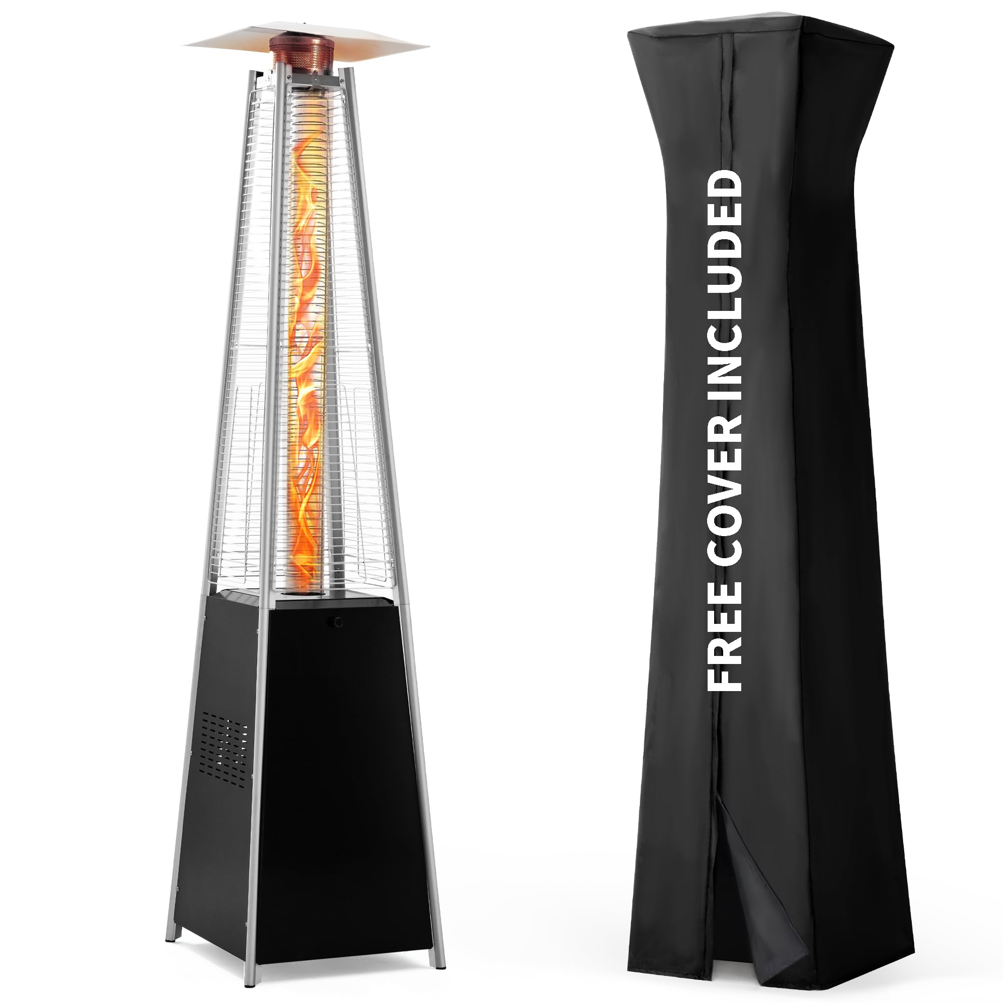 48,000 BTU Pyramid Flame Patio Heater with Cover - Outdoor Propane Heater with Quartz Glass Tube for Backyard, Deck & Garden Parties