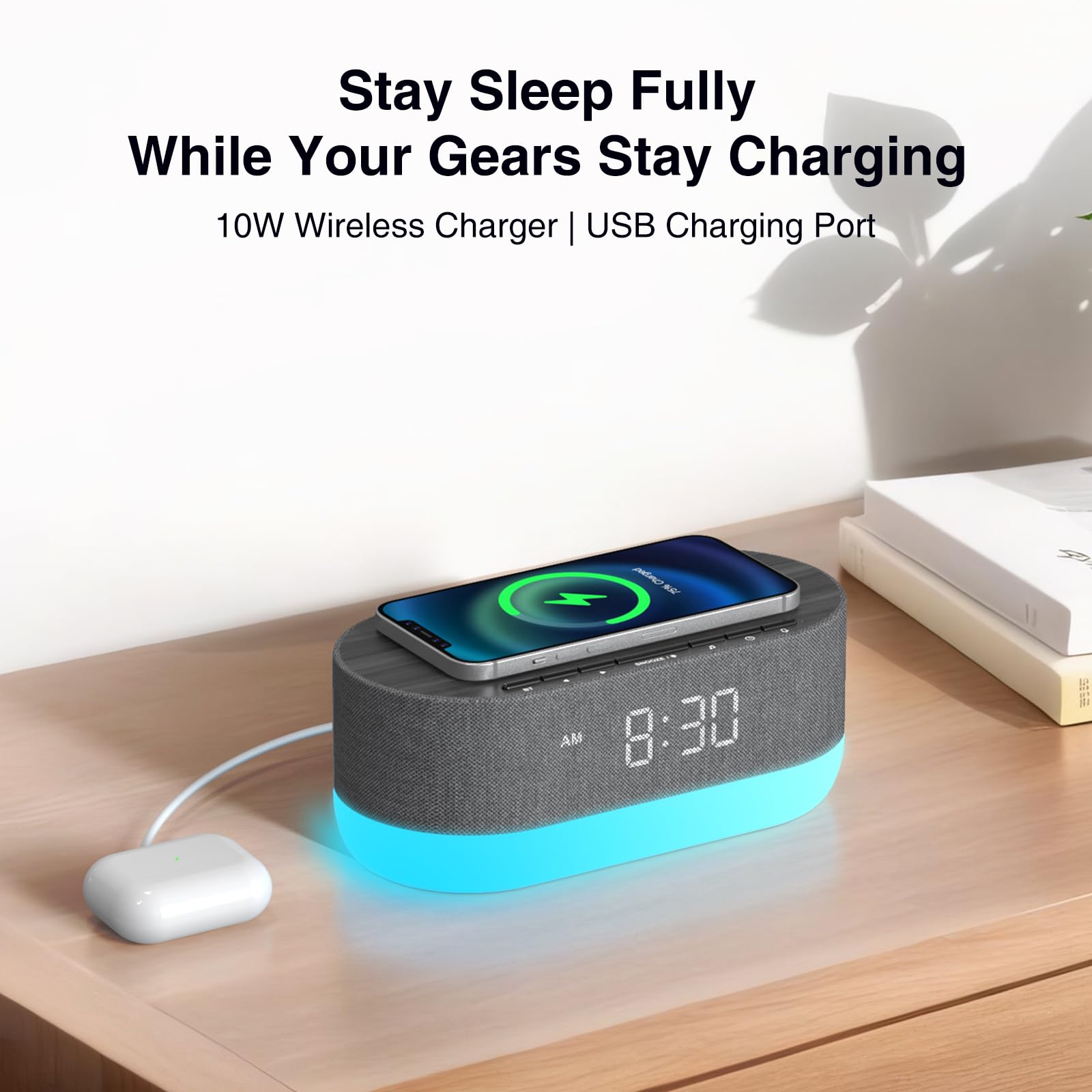 HOUSBAY Bluetooth Sound Machine with Alarm Clock - Dual Speaker White Noise Machine for Sleeping, 21 HiFi Sounds & 10W Wireless Charger, 10 Night Light Colors - Perfect for Bedrooms, Nursery, Office & Meditation (Black)