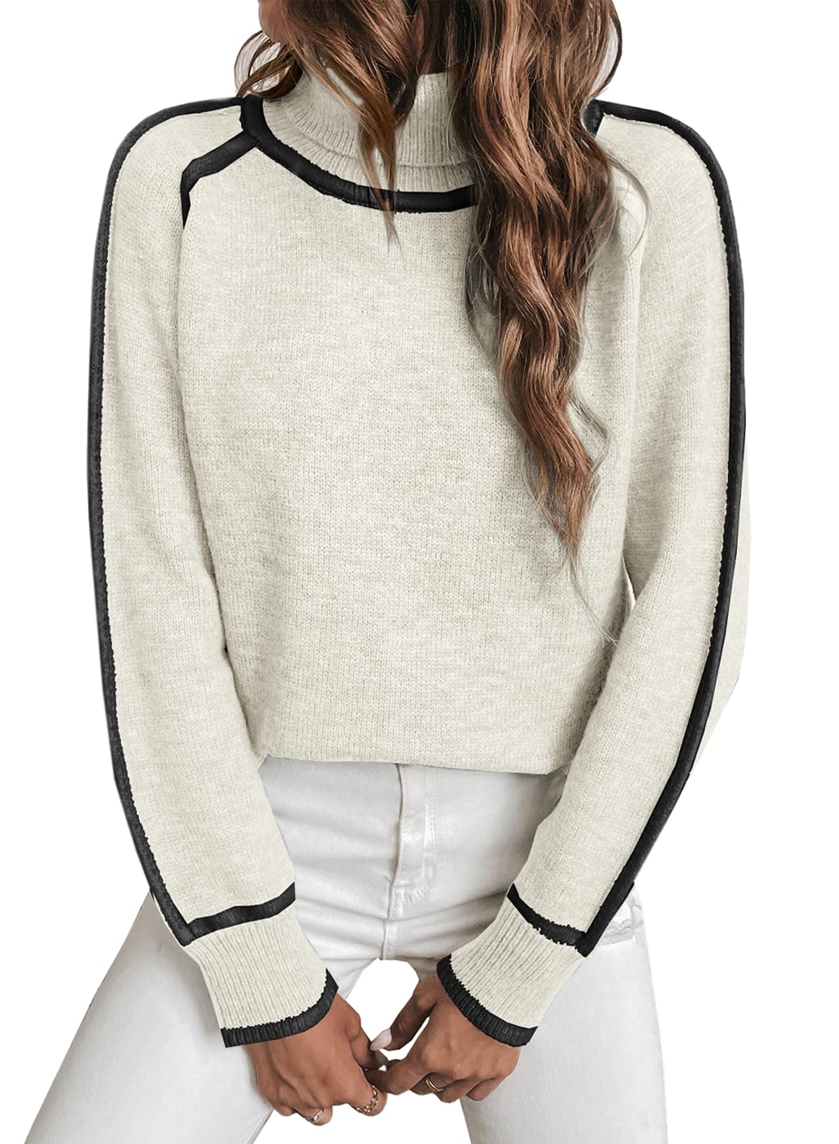 EVALESS Women's Long Sleeve Turtleneck Sweater - Casual Loose Knit Pullover, Color Block Cozy Top for Fall/Winter | Perfect for Office, Date Night & Holiday Outfits