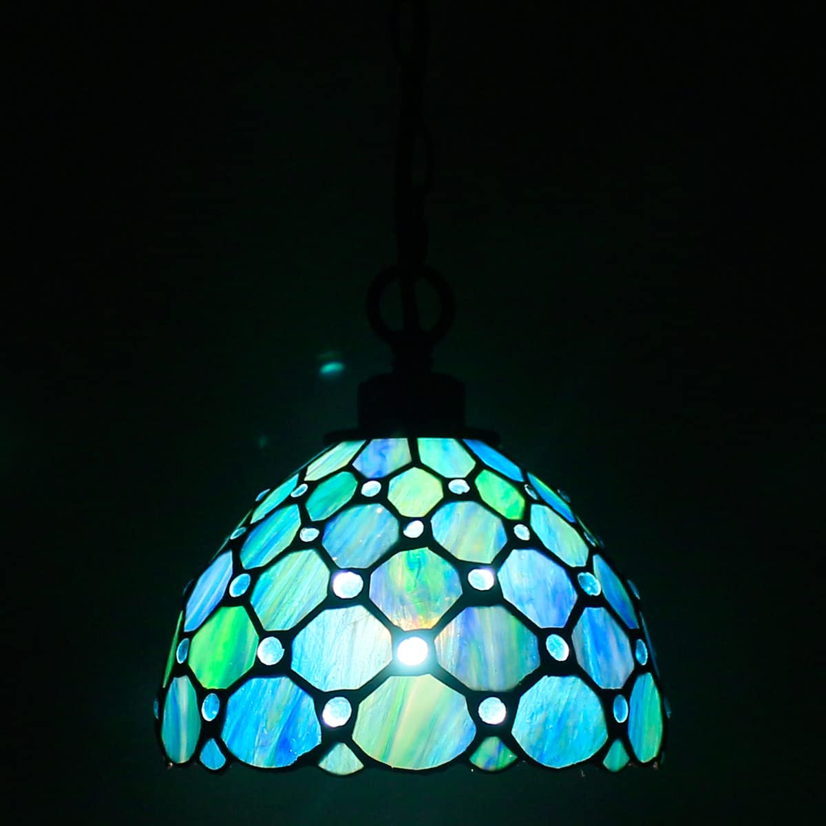 Tiffany Style Plug-in Swag Pendant Light - 8x8x18 Inch Stained Glass Hanging Lamp in Sea Blue Pearl | Perfect for Dining Room, Living Room, Bedroom & Kitchen Decor