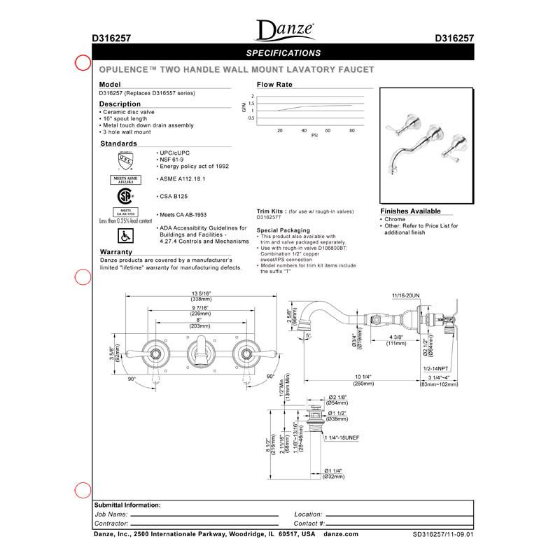 Danze Opulence Brushed Nickel Traditional Wall Mount Bathroom Faucet with Drain & Rough-in Valve - Perfect for Modern Bathroom Renovations and Spa-Like Retreats