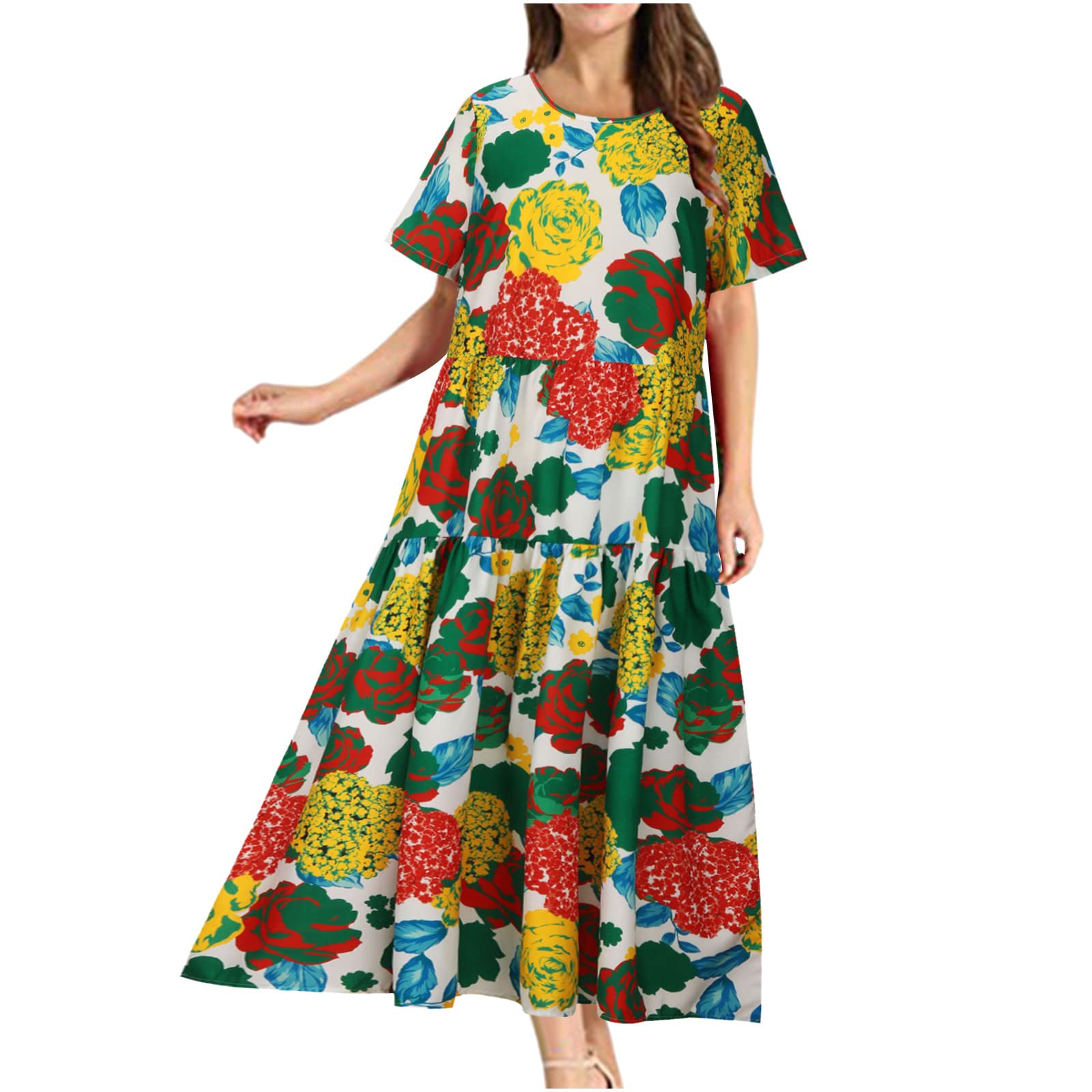 Women's Bohemian Floral Maxi Dress - Summer Casual Short Sleeve Beach Sundress with Crewneck & Tiered Design | Perfect for Vacations, Pool Parties and Outdoor Events
