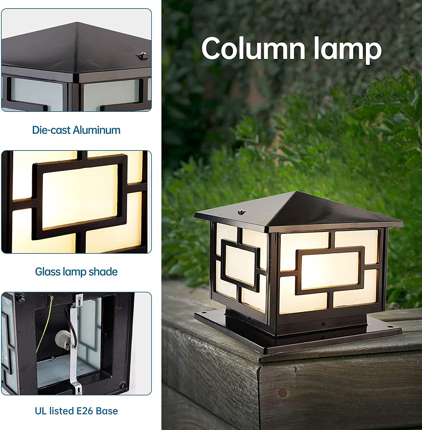Modern Outdoor Post Lights - Aluminum Waterproof Exterior Column Lights with Glass Shade for House, Garden, Backyard (E26 Base) | Perfect for Pathway, Patio, Driveway & Landscape Lighting