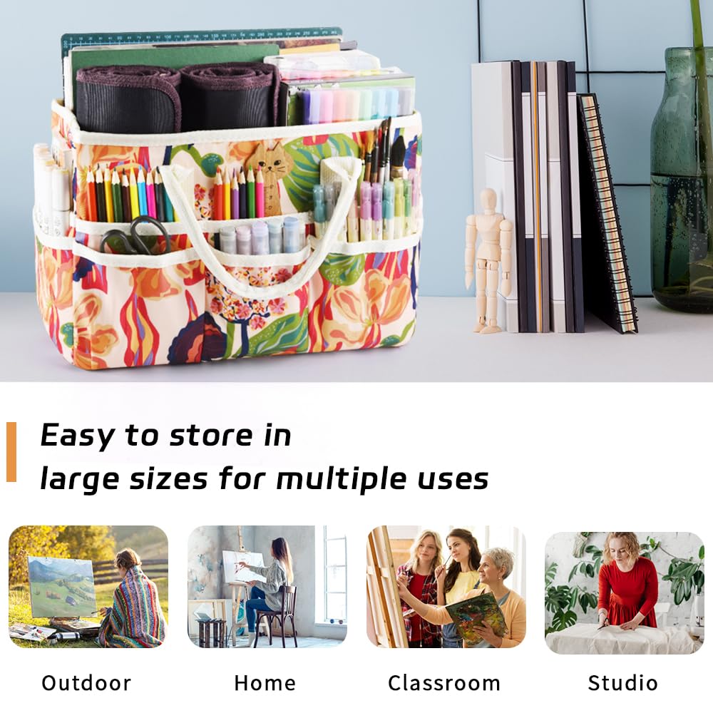 E-WEICHEN Craft Organizer Tote Bag with Multiple Pockets - Art & Office Supplies Storage Container for Artists, Crafters & Students - Perfect for DIY Projects, School & Home Organization - Abstract Flower Design