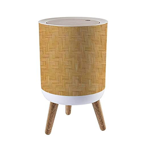 7L/1.8 Gallon Bamboo Texture Trash Can with Press Top Lid & Wooden Legs - Dog Proof Round Garbage Bin for Kitchen, Bathroom, Outdoor, Office & RV Use