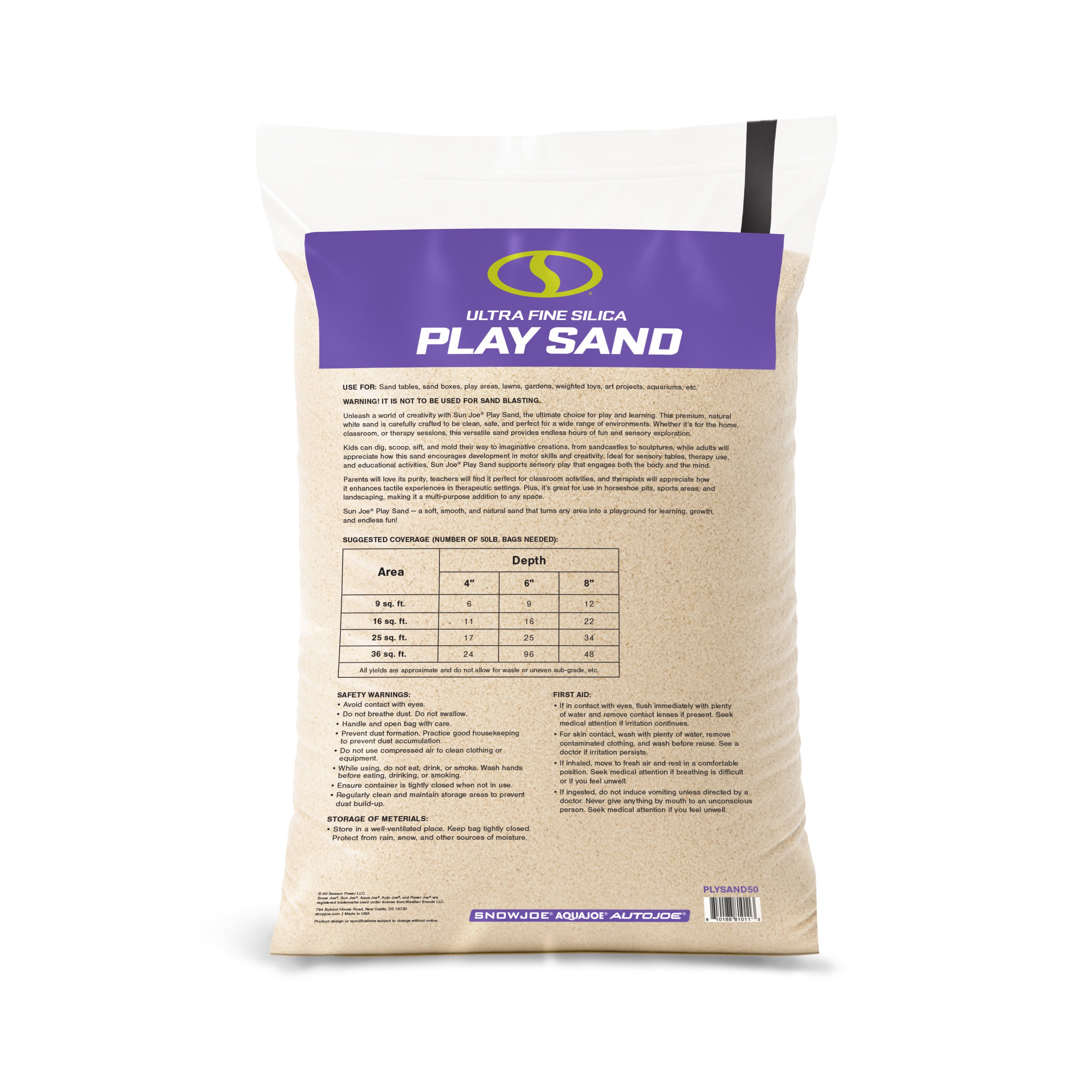 Sun Joe PLYSNAD50 Ultra Fine Silica Play Sand - 50 Lb. Bag for Kids Sandbox, Sand Art & Sensory Play | Non-Toxic, Safe & Moldable Sand for Indoor/Outdoor Use
