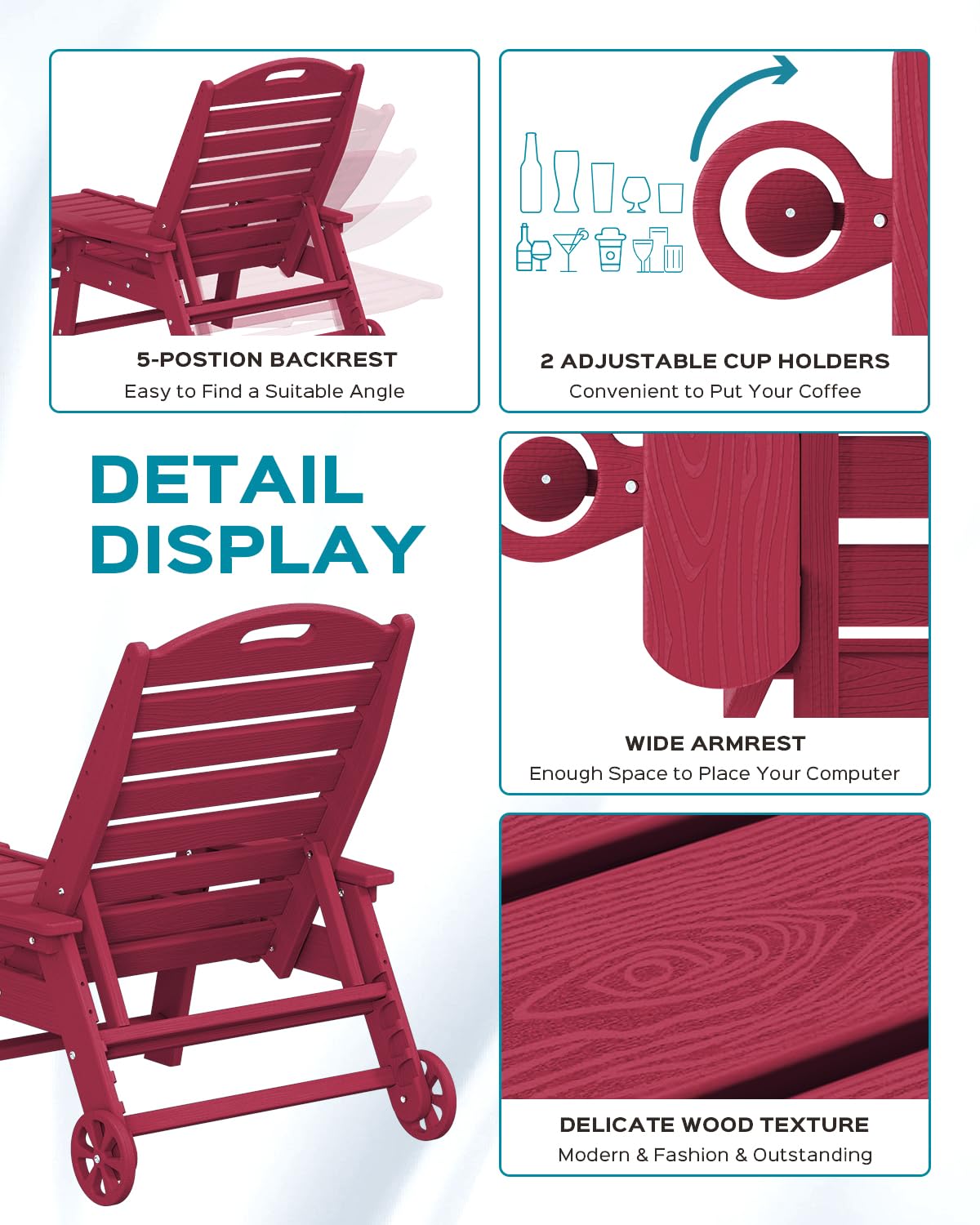 5-Position Adjustable Outdoor Chaise Lounge Chair with Wheels & Double Cup Holders - Wood Texture Patio Lounge for Poolside, Backyard, Beach - Perfect for Sunbathing & Relaxing (Red)
