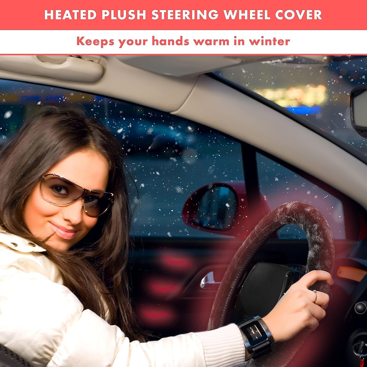 VaygWay Heated Steering Wheel Cover - 12V Classic Black Breathable Soft Plush Warmer for Cars - 15